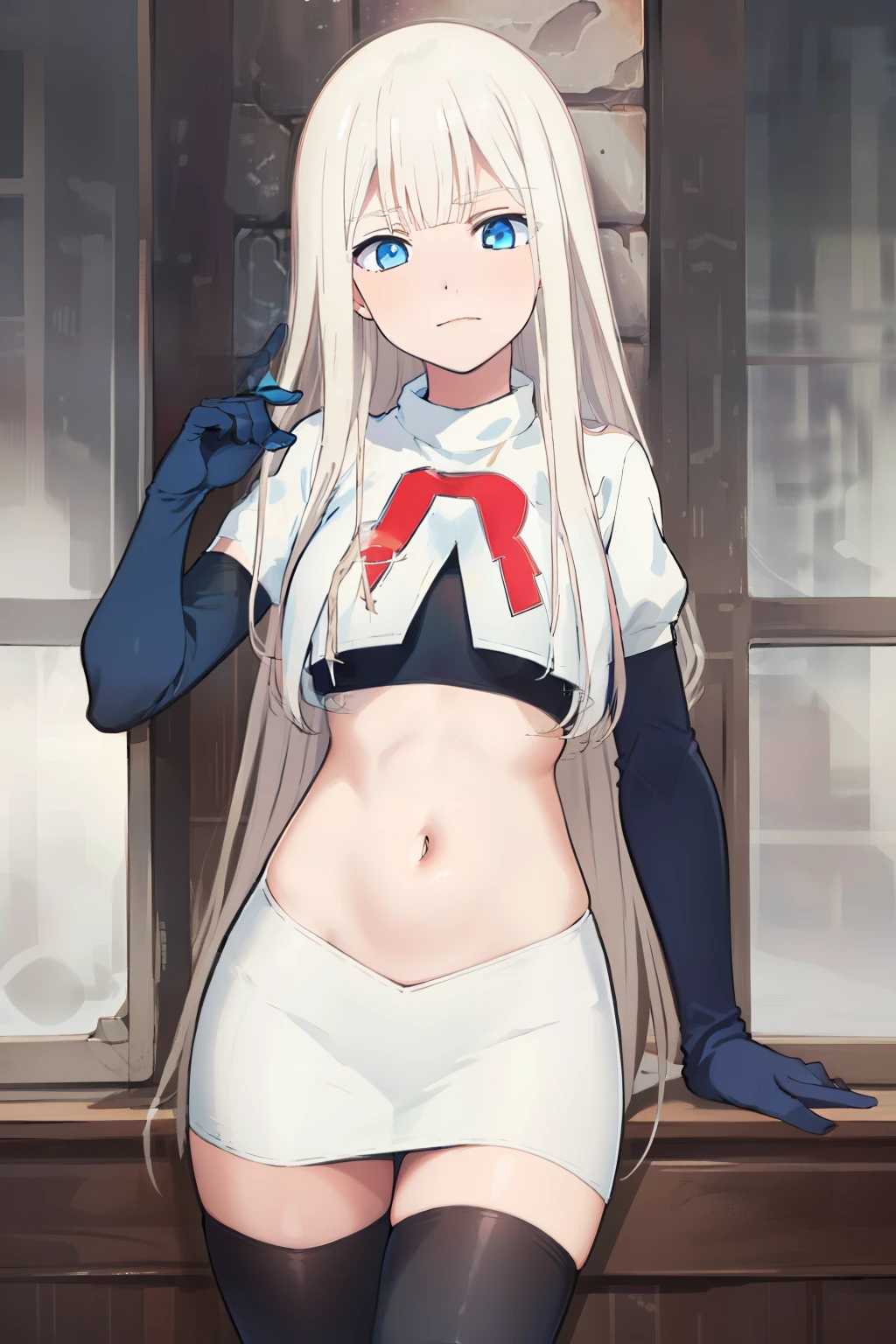(exceptional, best aesthetic, new, newest, best quality, masterpiece, extremely detailed), Elena, 1girl, blue eyes, solo, long hair, looking at viewer, white hair, bangs, team rocket,team rocket uniform,white skirt,red letter R,crop top,black thigh-highs,black elbow gloves