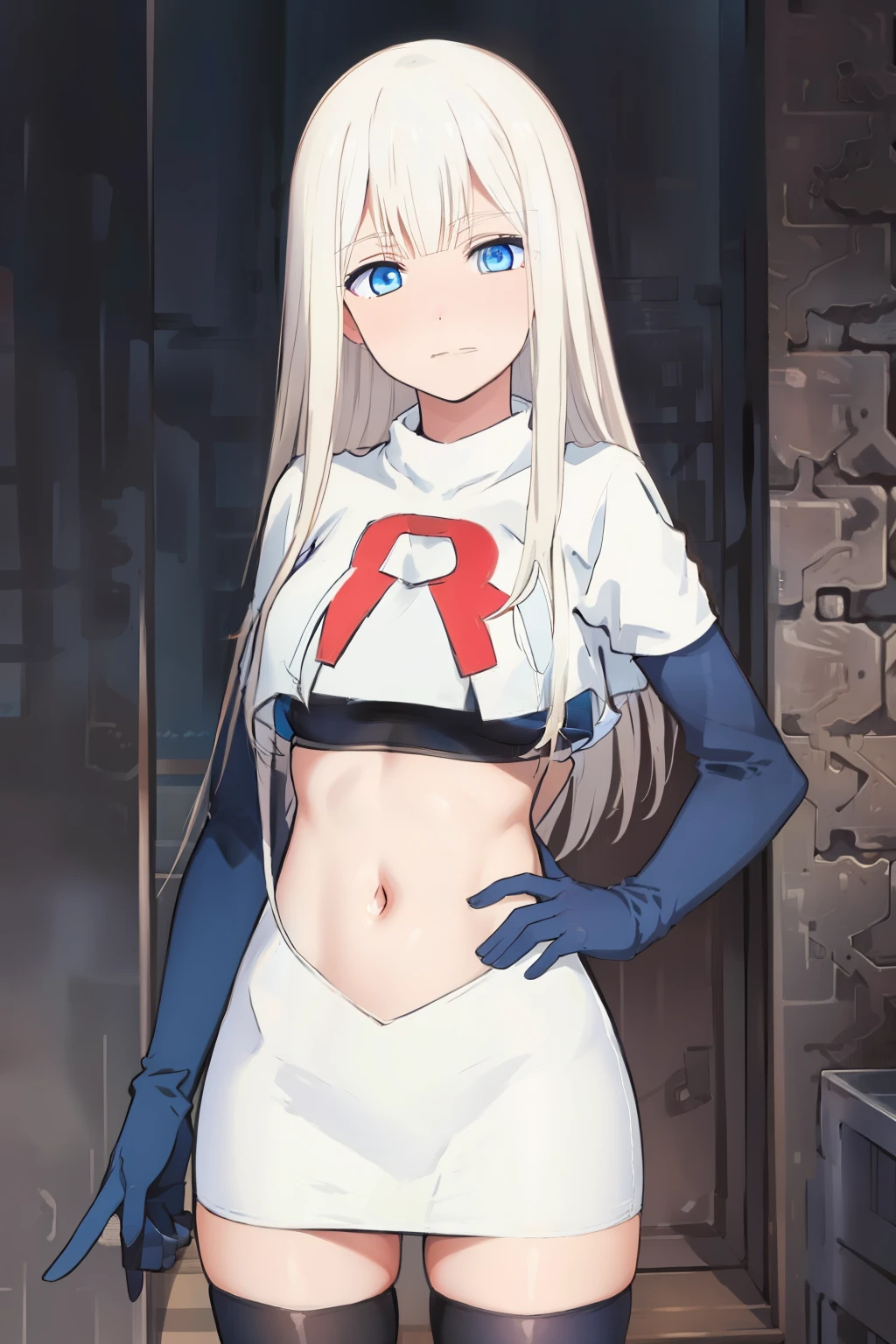 (exceptional, best aesthetic, new, newest, best quality, masterpiece, extremely detailed), Elena, 1girl, blue eyes, solo, long hair, looking at viewer, white hair, bangs, team rocket,team rocket uniform,white skirt,red letter R,crop top,black thigh-highs,black elbow gloves