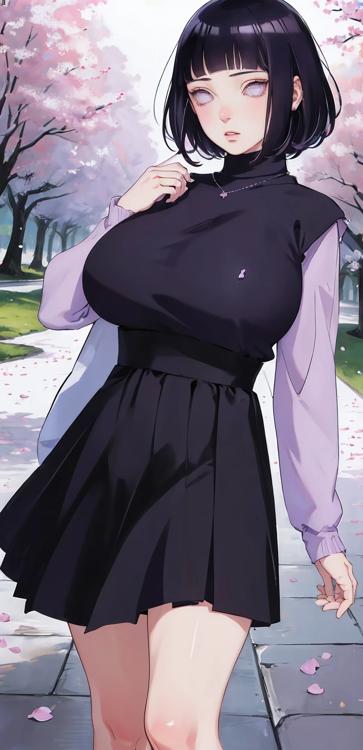 { - anatomy error} (Masterpiece - Ultra-detailed, very high resolution) (huge titusty, masterpiece, absurdres, hinata\(boruto\), 1girl, solo,mature female, lilac turtleneck blouse, high waist black long skirt, looking at viewelling petals), perfect composition, detailed lips, big breast, beautiful face, body propotion, blush, (pink lips), short hair, (black hair), purple eyes, soft gaze, super realistic, detailed, photoshoot, realistic face and body, closed mouth, walking on the floor , lilac eyes, full body, ridden hands, perfect fingers