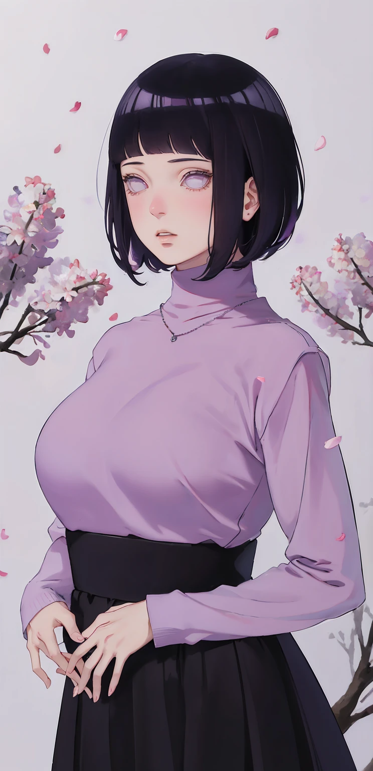 { - anatomy error} (Masterpiece - Ultra-detailed, very high resolution) (huge titusty, masterpiece, absurdres, hinata\(boruto\), 1girl, solo,mature female, lilac turtleneck blouse, high waist black long skirt, looking at viewelling petals), perfect composition, detailed lips, big breast, beautiful face, body propotion, blush, (pink lips), short hair, (black hair), purple eyes, soft gaze, super realistic, detailed, photoshoot, realistic face and body, closed mouth, walking on the floor , lilac eyes, full body,  ridden hands, perfect fingers