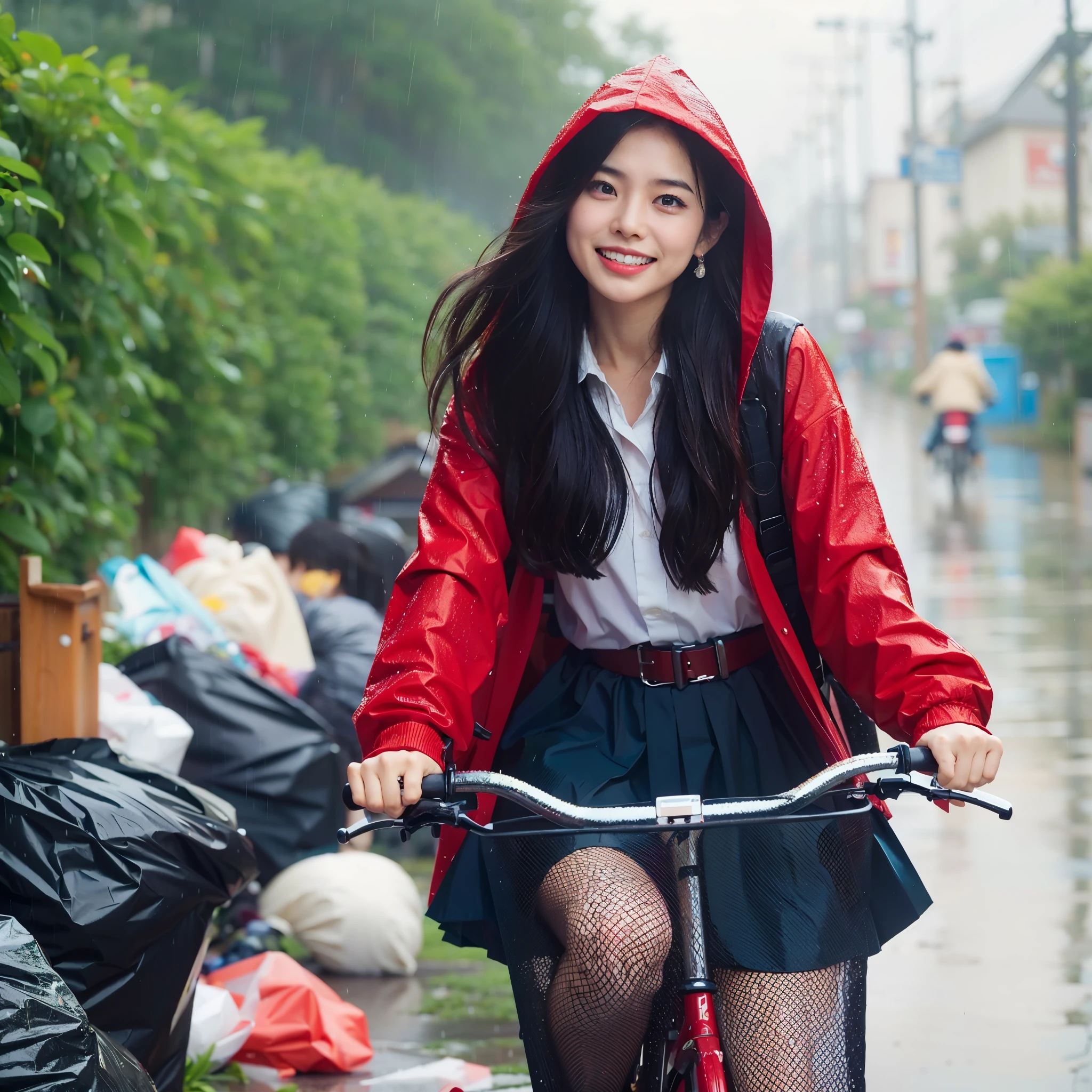 (Thai: Korean: 0.5), girl riding a bike in the rain, girl in raincoat, pretty girl standing in the rain, raining, rainy day, thai school girl, asian girl, on a rainy day, in the rain, fanart, young asian girl, rainy weather, promo still, just after rain, red rain, raining portrait, heavy rainy, trash bags placing around