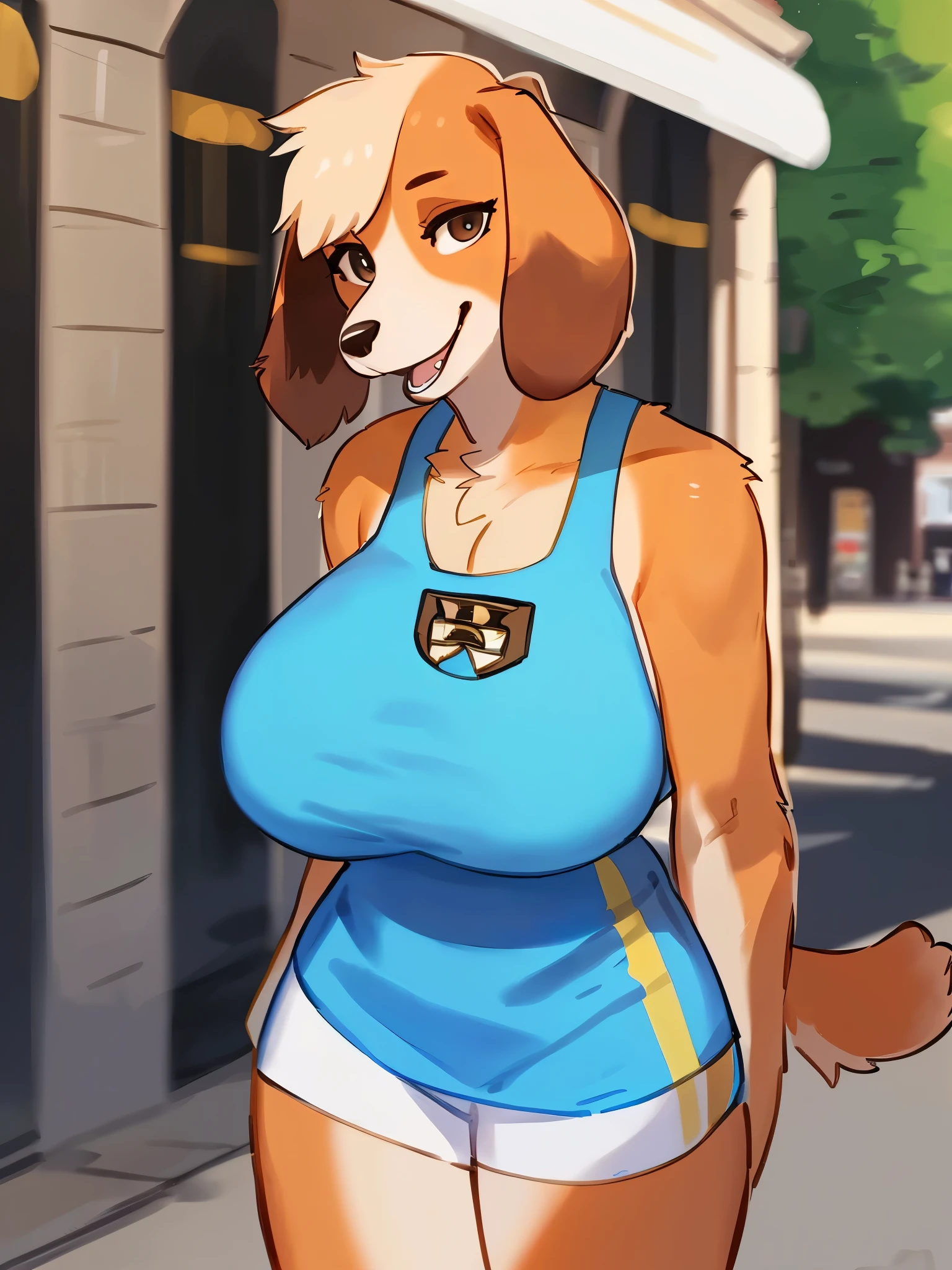 by bebebebebe, by lostgoose, by goonie-san, solo, female, standing, ((snout, hair, hair, beagle)), detailed eyes, french city, open mouth, smiling, happy, ((designer clothes, prada)), big breasts