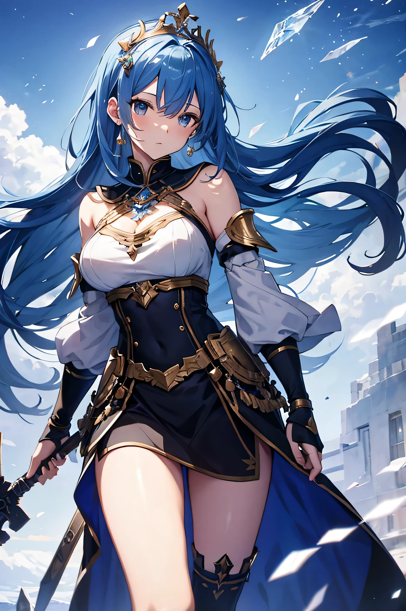 4K,High resolution,one woman,blue hair,long ponytail,Valkyrie,Sacred armor made of crystal,Jewelry Decoration,crystal decoration,winged hat,princess tiara,Crystal Sword,Temple in the Sky,winter sky
