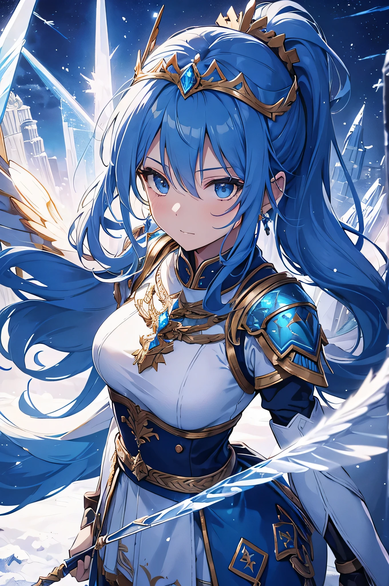 4K,High resolution,one woman,blue hair,long ponytail,Valkyrie,Sacred armor made of crystal,Jewelry Decoration,crystal decoration,winged hat,princess tiara,Crystal Sword,Temple in the Sky,winter sky