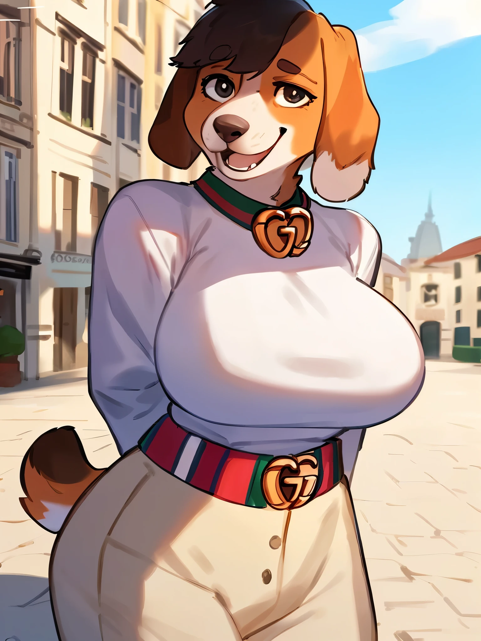 by bebebebebe, by lostgoose, by goonie-san, solo, female, standing, ((snout, hair, hair, beagle)), detailed eyes, french city, open mouth, smiling, happy, ((designer clothes, gucci)), 