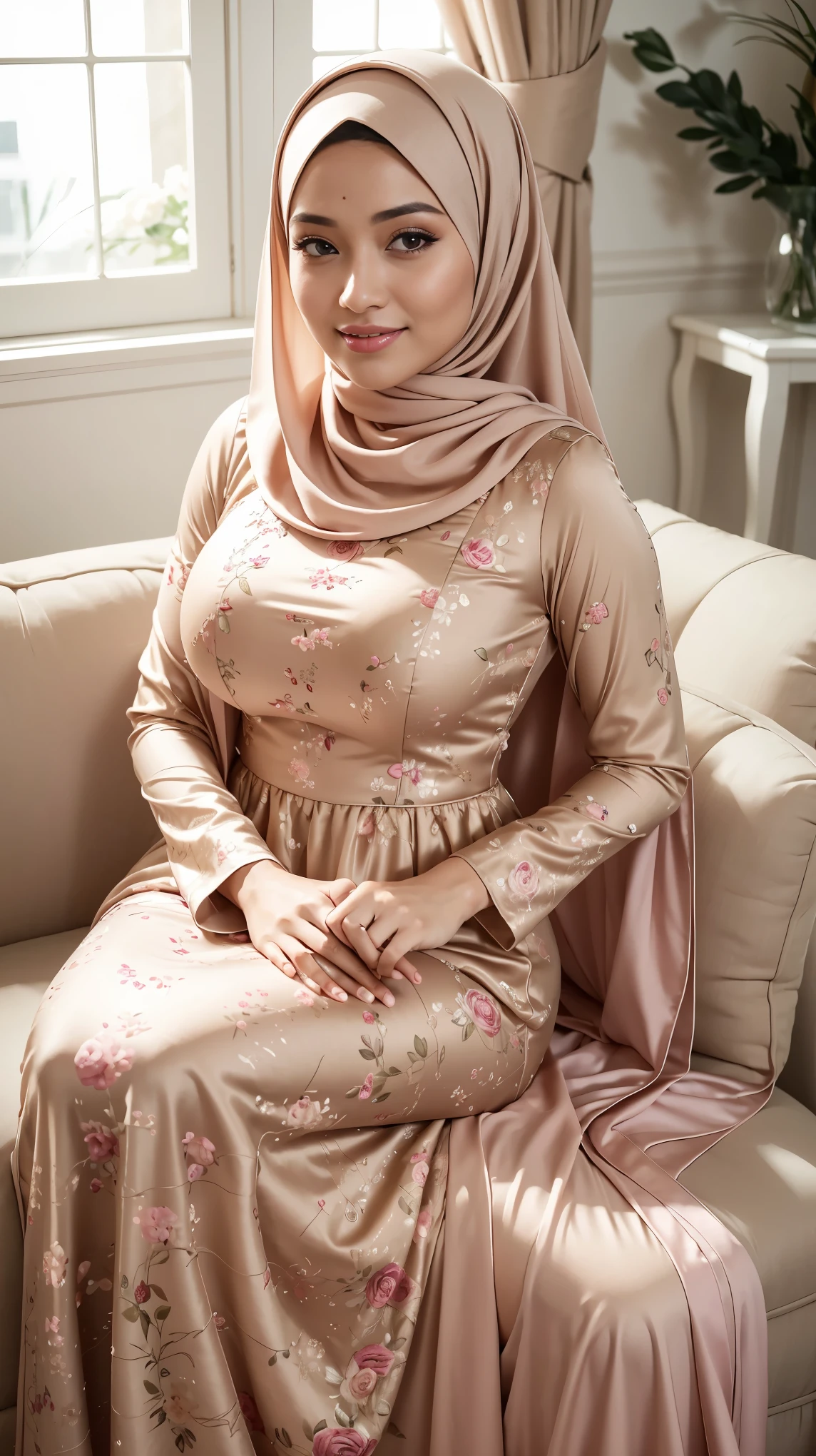 (Close Up),RAW, Best quality, high resolution, masterpiece: 1.3), beautiful Malay woman in hijab,Masterpiece, perfect fit body, ((Huge breast)), big gorgeous eyes, Soft smile,beautiful face,thick thighs, woman in a beige dress sitting in a living room, wearing beige floral gown, idian dress, modest flowing gown, full covered dress, long dress female, beige dress, pastel pink, full dress, dressed in a pink dress, frock, elegant dress, royal gown, wearing long gown, gown, ao dai, hijabi, she is smiling,Delicate turtleneck, shairband, afternoon walk, City garden, Excellent lighting, Bright colors, Clean lines