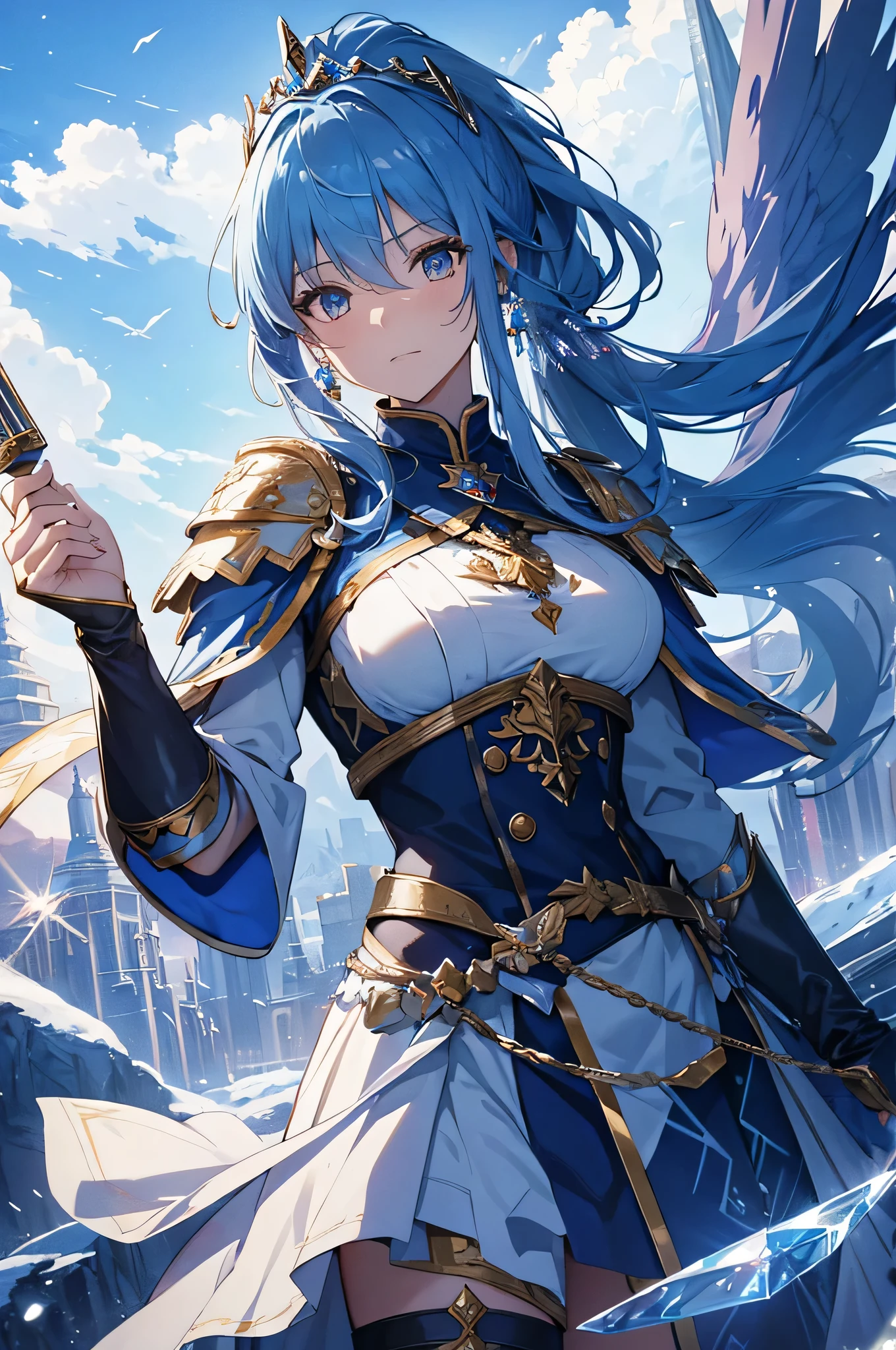 4K,High resolution,one woman,blue hair,long ponytail,Valkyrie,Sacred armor made of crystal,Jewelry Decoration,crystal decoration,winged hat,princess tiara,Crystal Sword,Temple in the Sky,winter sky