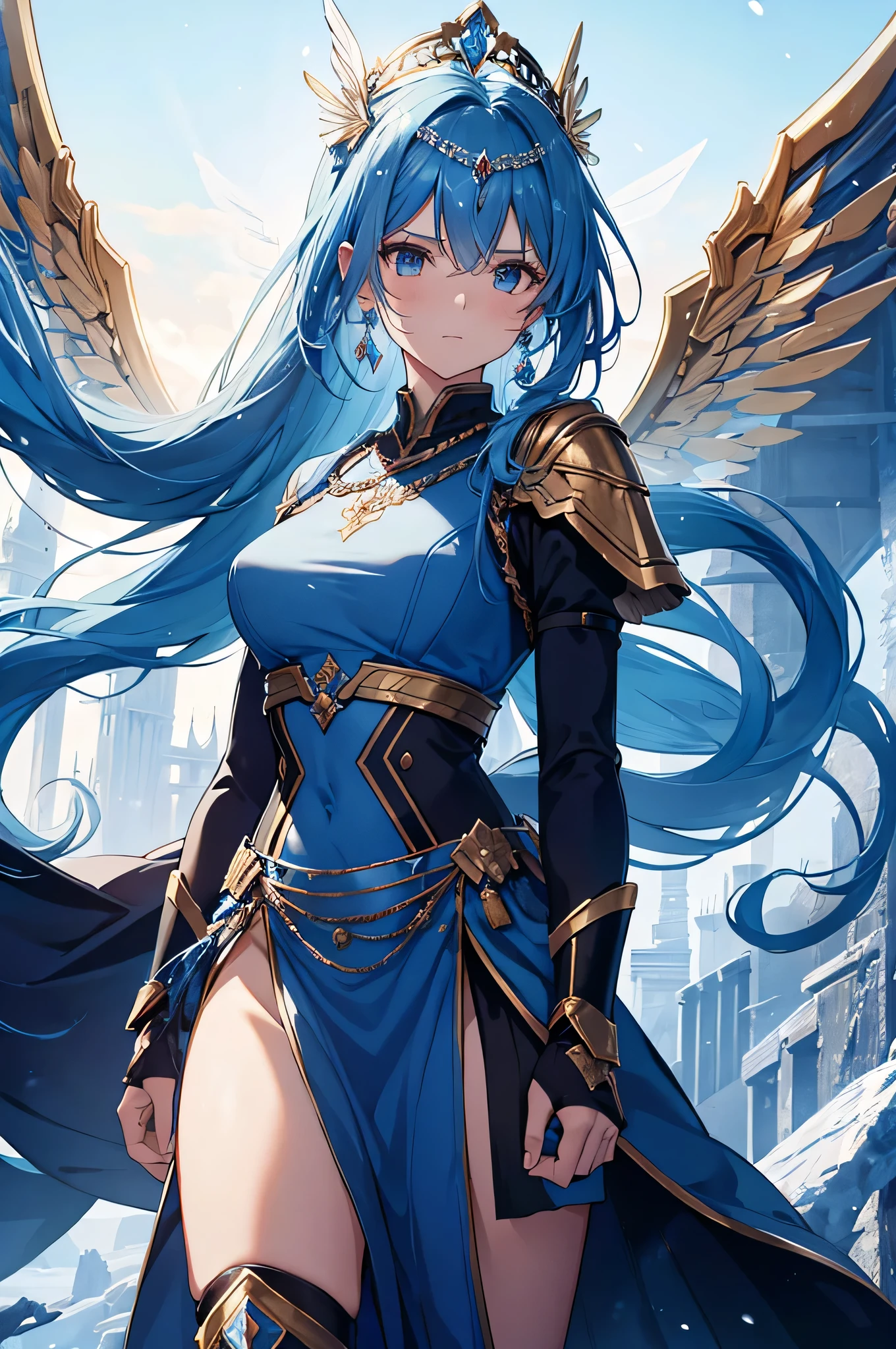 4K,High resolution,one woman,blue hair,long ponytail,Valkyrie,Sacred armor made of crystal,Jewelry Decoration,crystal decoration,winged hat,princess tiara,Crystal Sword,Temple in the Sky,winter sky