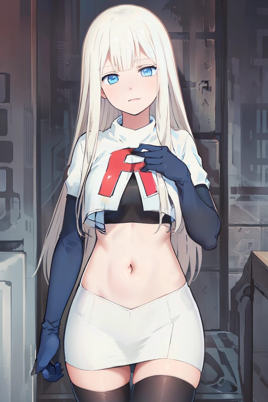 (exceptional, best aesthetic, new, newest, best quality, masterpiece, extremely detailed), Elena, 1girl, blue eyes, solo, long hair, looking at viewer, white hair, bangs, team rocket,team rocket uniform,white skirt,red letter R,crop top,black thigh-highs,black elbow gloves