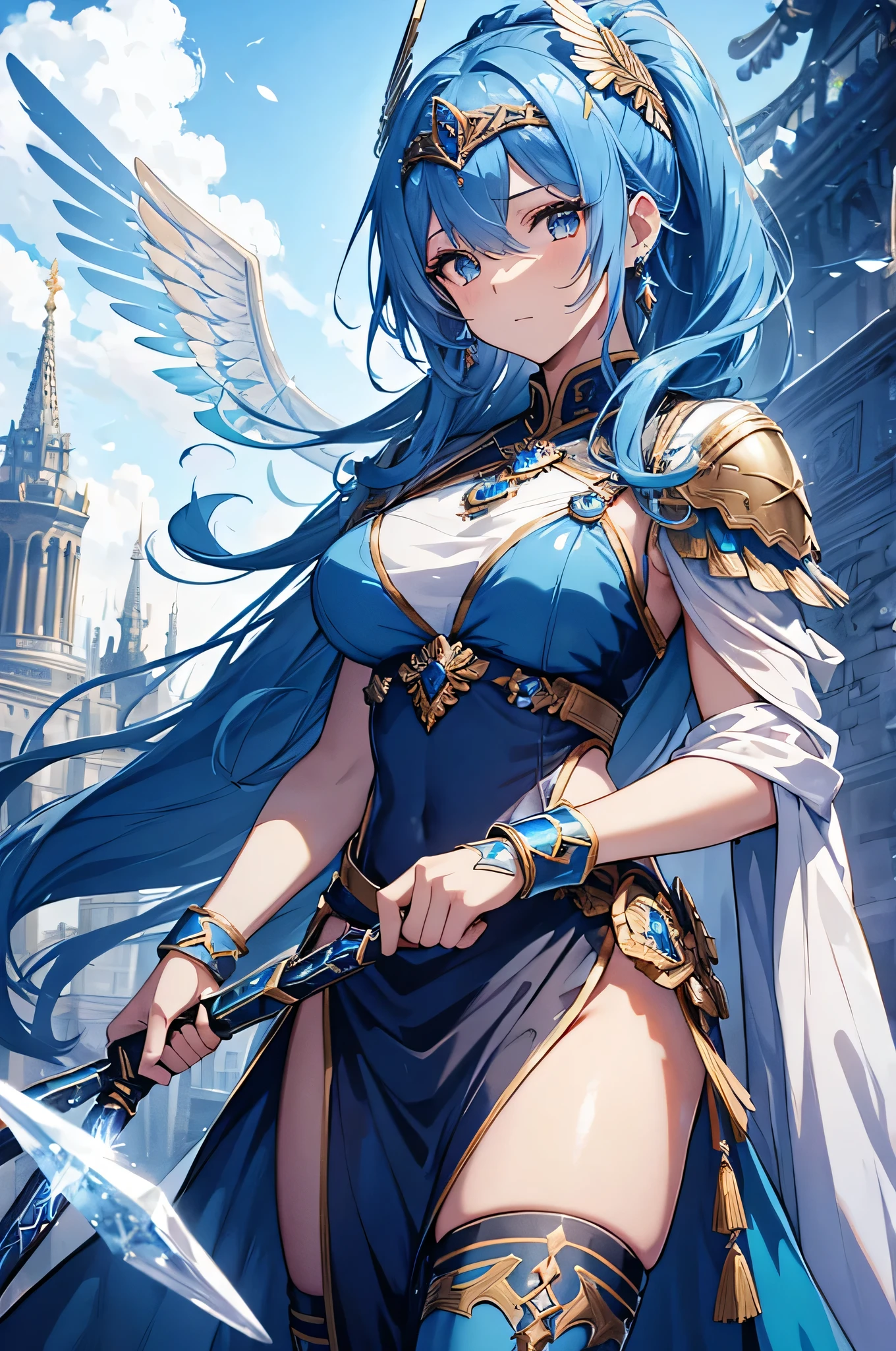 4K,High resolution,One Woman,Blue Hair,Short Hair,Pink eyes,Big Breasts,Valkyrie,White sacred armor,Full Armor,Winged headgear,Jewelry decoration,Gold decoration,Holy Long Sword,Temple in the Sky