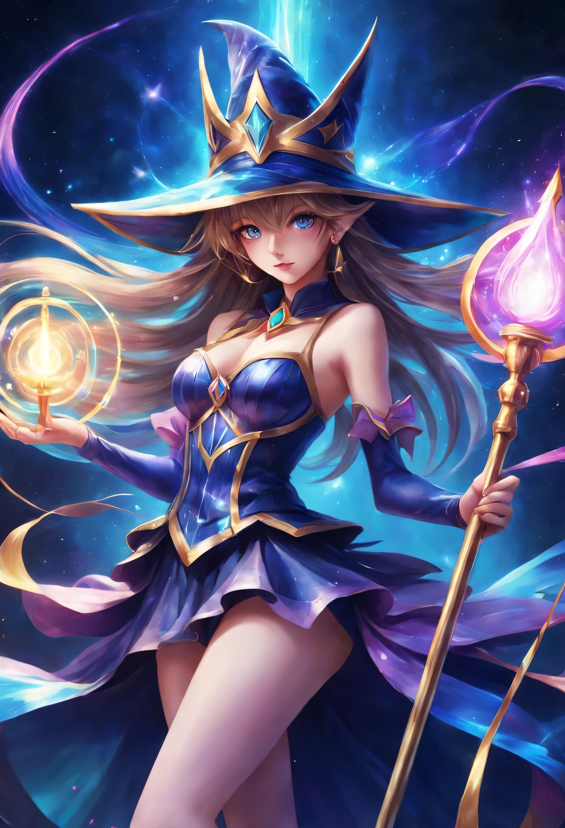 暗黑Magical girl,Beautiful and delicate eyes,hourglass figure,flowing hair,graceful posture,mysterious background,Glowing magic wand,sparkling effect,Color cards,Magical girl,anime style,studio lighting,bright colors,pastel tones,subtle shading,emphasize,realistic details,sharp focus,Ultra-fine painting,professional artwork.