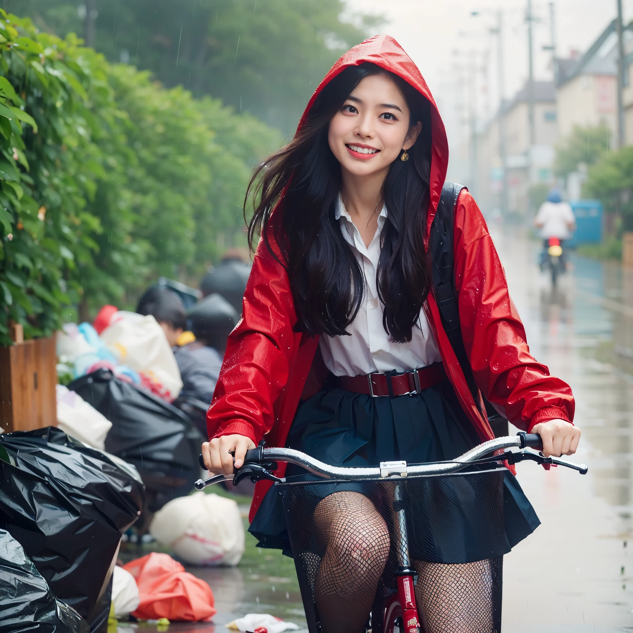 (Thai: Korean: 0.5), girl riding a bike in the rain, girl in raincoat, pretty girl standing in the rain, raining, rainy day, thai school girl, asian girl, on a rainy day, in the rain, fanart, young asian girl, rainy weather, promo still, just after rain, red rain, raining portrait, heavy rainy, trash bags placing around