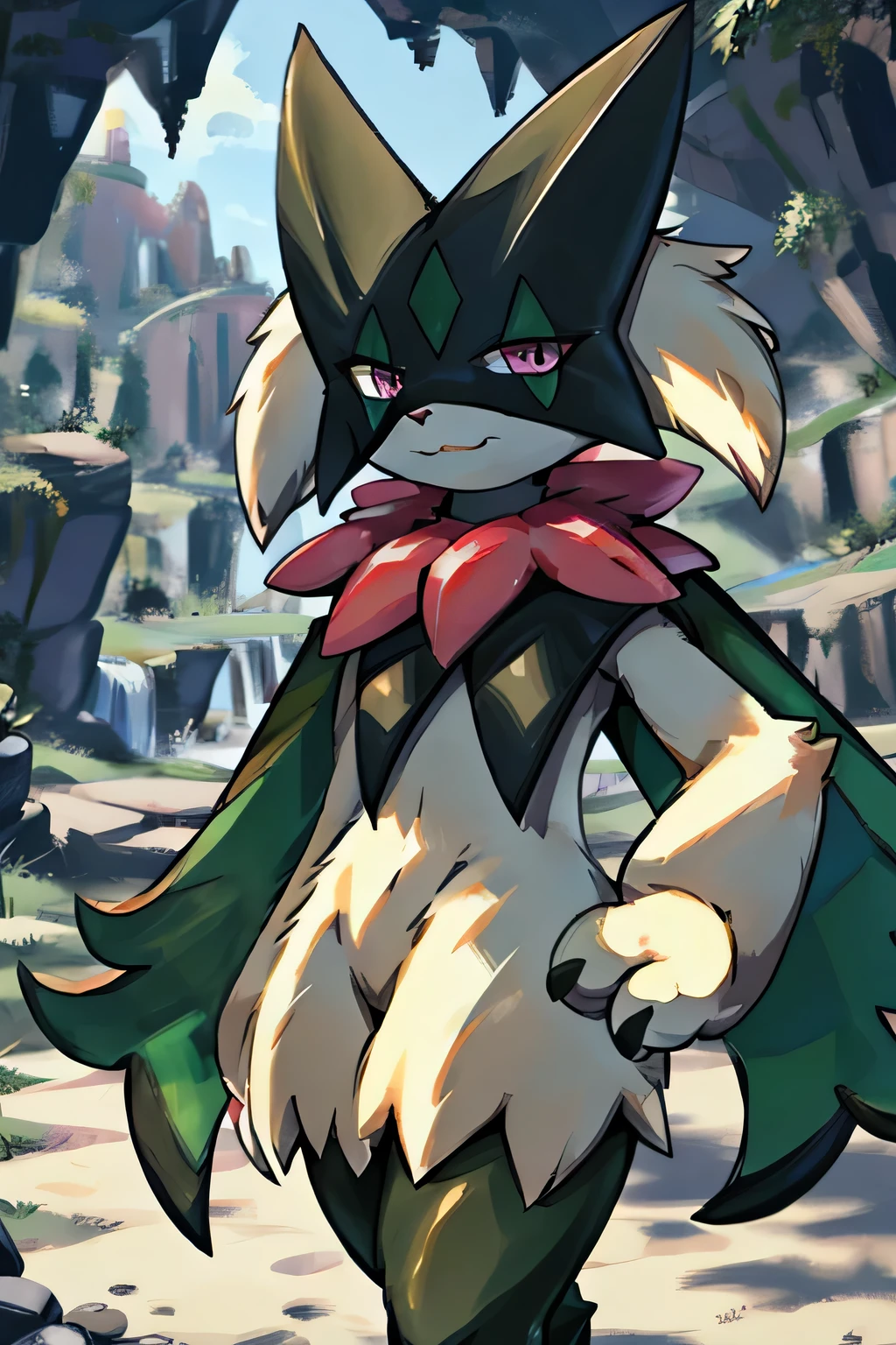 Masterpiece, The best quality, the highest picture quality, Detailed, Meowscarada, Pokémon, short snout, detailed eyes, cave background, day, female, solo, cruel smile