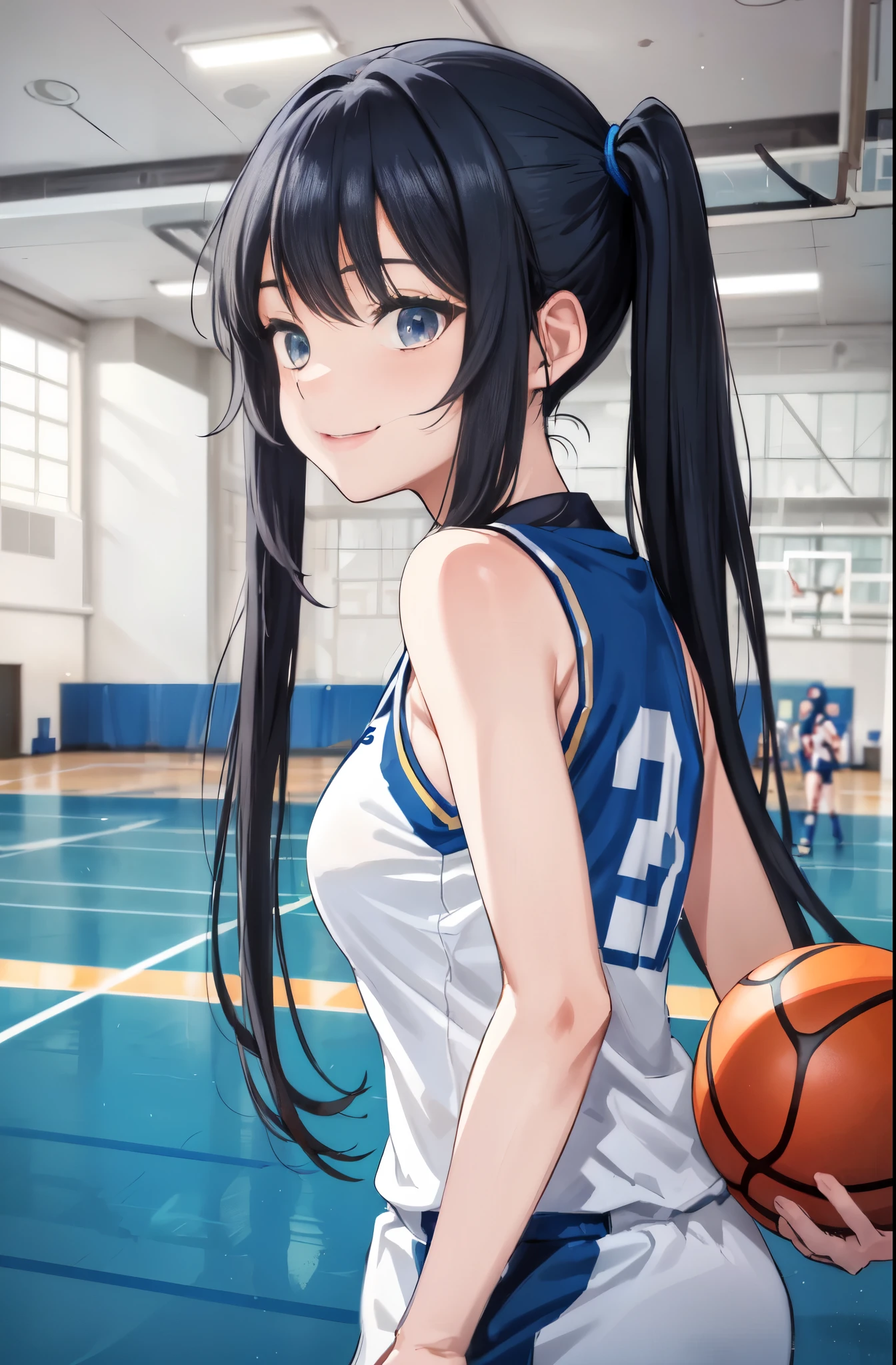 mastute piece,Best Quality,insanely detailed,8k cg,nsfw,
(shoot upper body:1.3),
(1girls:1.3),standing,looking at viewr,body in front,((both arms behind back:1.4)),(basketball wear:1.4),(bare breasts:1.4),break,
blush,shy,(ecstasy face),(trembling:1.2),break,(blue hair:1.4),
break,
perfect breasts,perfect teats,(open mouth:0.9),(large breasts:1.2),
(basketball court:1.1),