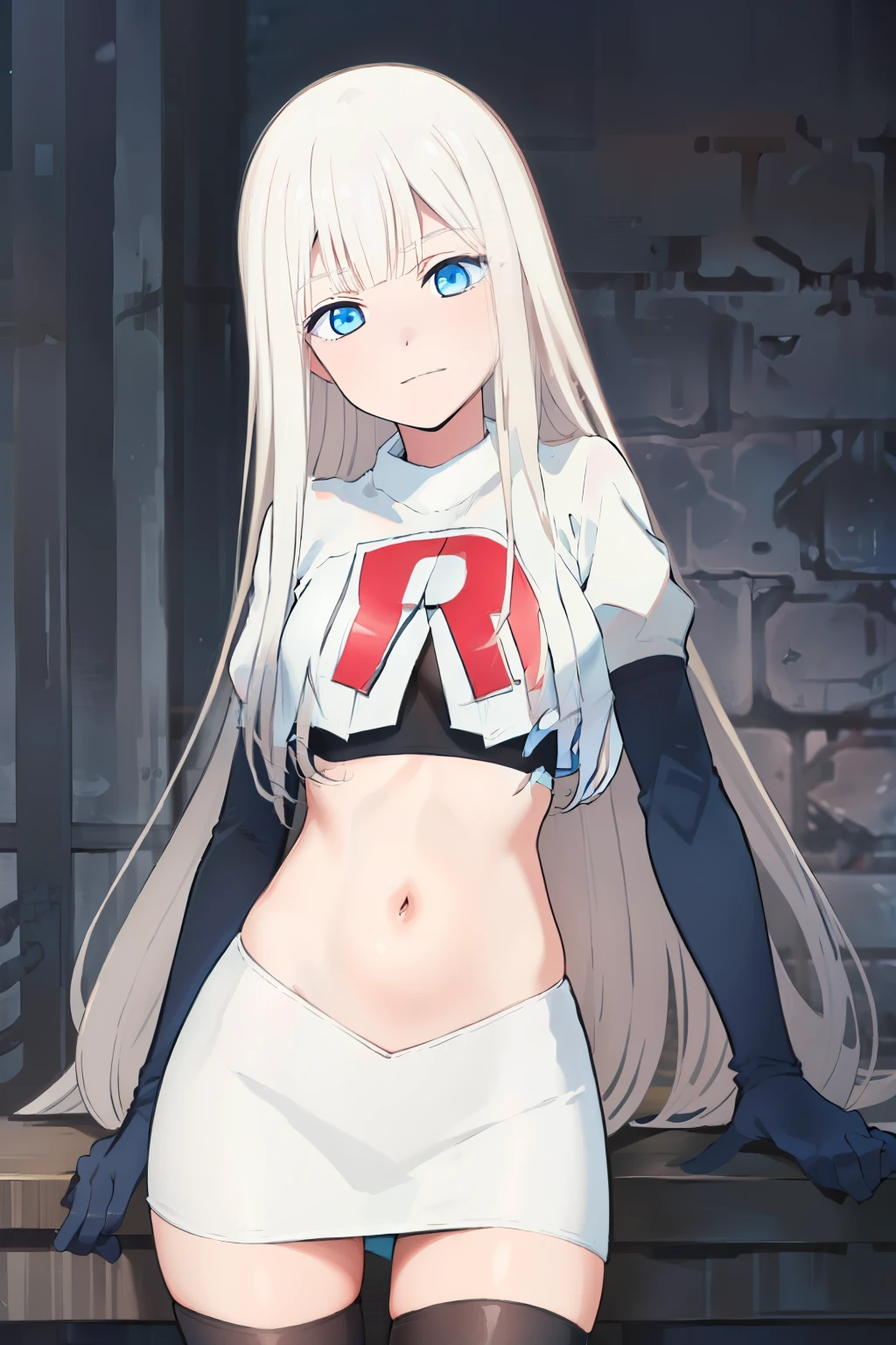 (exceptional, best aesthetic, new, newest, best quality, masterpiece, extremely detailed), Elena, 1girl, blue eyes, solo, long hair, looking at viewer, white hair, bangs, team rocket,team rocket uniform,white skirt,red letter R,crop top,black thigh-highs,black elbow gloves