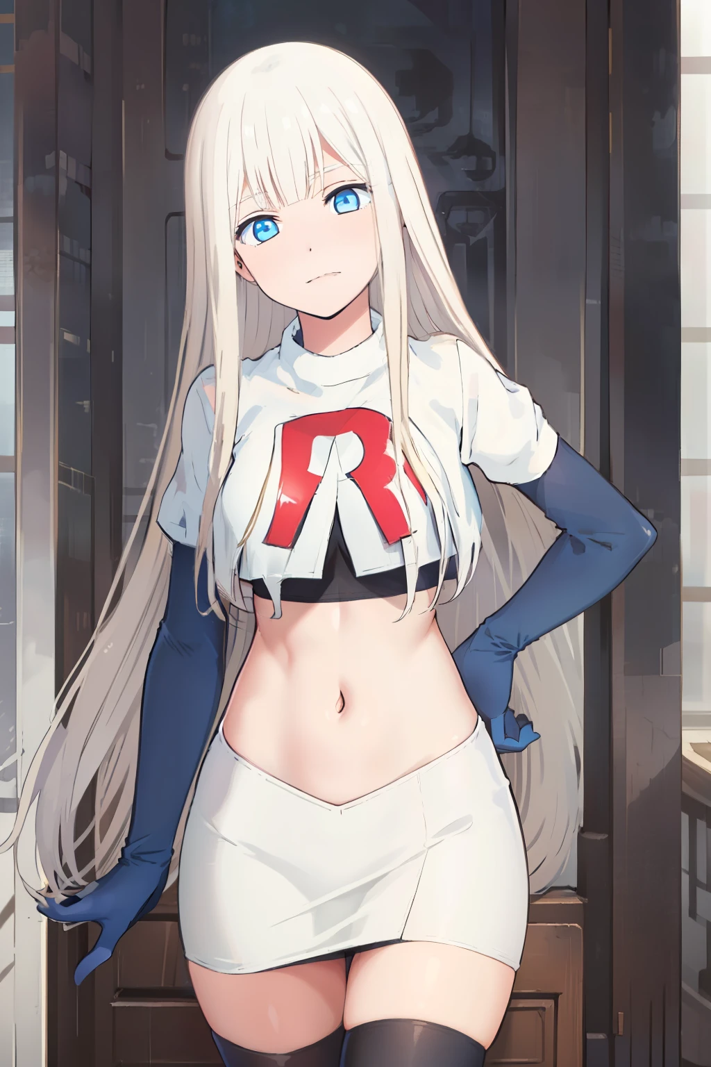 (exceptional, best aesthetic, new, newest, best quality, masterpiece, extremely detailed), Elena, 1girl, blue eyes, solo, long hair, looking at viewer, white hair, bangs, team rocket,team rocket uniform,white skirt,red letter R,crop top,black thigh-highs,black elbow gloves