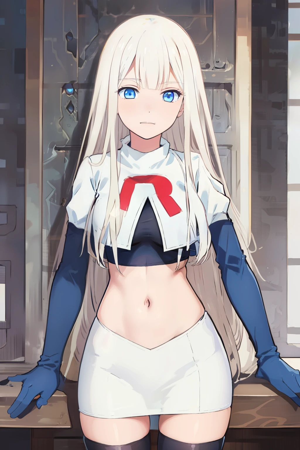 (exceptional, best aesthetic, new, newest, best quality, masterpiece, extremely detailed), Elena, 1girl, blue eyes, solo, long hair, looking at viewer, white hair, bangs, team rocket,team rocket uniform,white skirt,red letter R,crop top,black thigh-highs,black elbow gloves