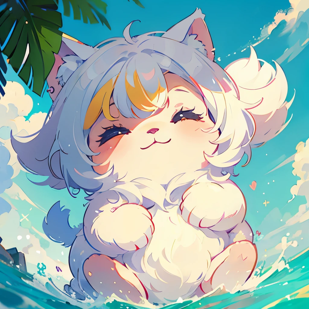 A female dog with extremely wide hips, extremely humongous thighs, extremely humongous ass, extremely humongous breasts, skinny, small giantess, white hair, white fur, white body, pure white body, dripping, black sclera and pure white iris with pure white pupils. eight pure White tentacles attached to her back. no clothes. standing in the water at a beach next to the dock, her eight tentacles going from her back to the water and rising out of the water.