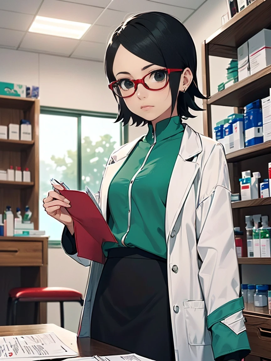 ((Sarada Uchiha with short hair, black eyes and red glasses)). (((She is wearing a white coat, turquoise green wool blouse, and black skirt, small))). ((She is in a doctor's office with shelves with medicines and a table with documents)). (She has a stethoscope). Intricate details, rich colors and a sense of grandeur. Perspective. White gloves