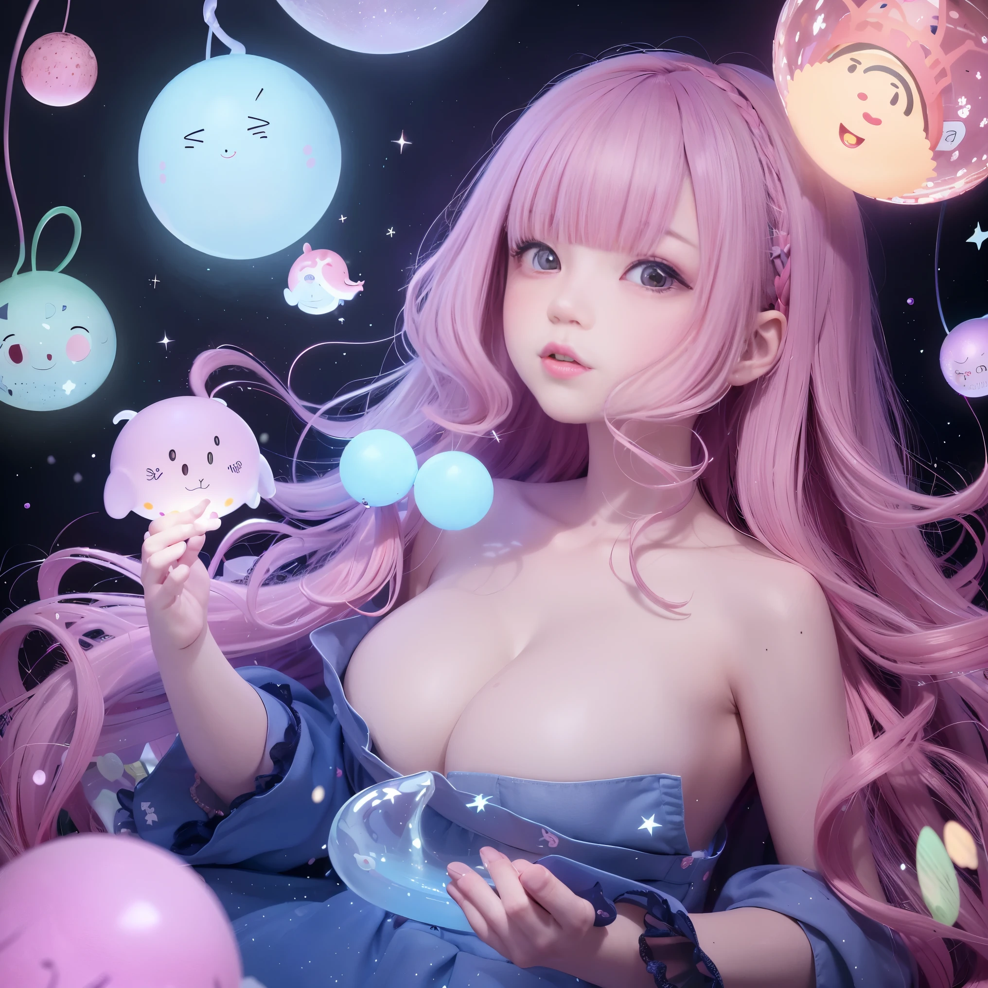 one girl、、Littleime style illustration、Deformed Character、2 heads、I have dark blue hair color、two - tone、(pink highlight hair、curly hair)、floral hair band、very, very big breast、Completely naked、full nude、Countless glowing spheres float、Glowing soap bubbles、shining chandelier、underwater、Shining jellyfish