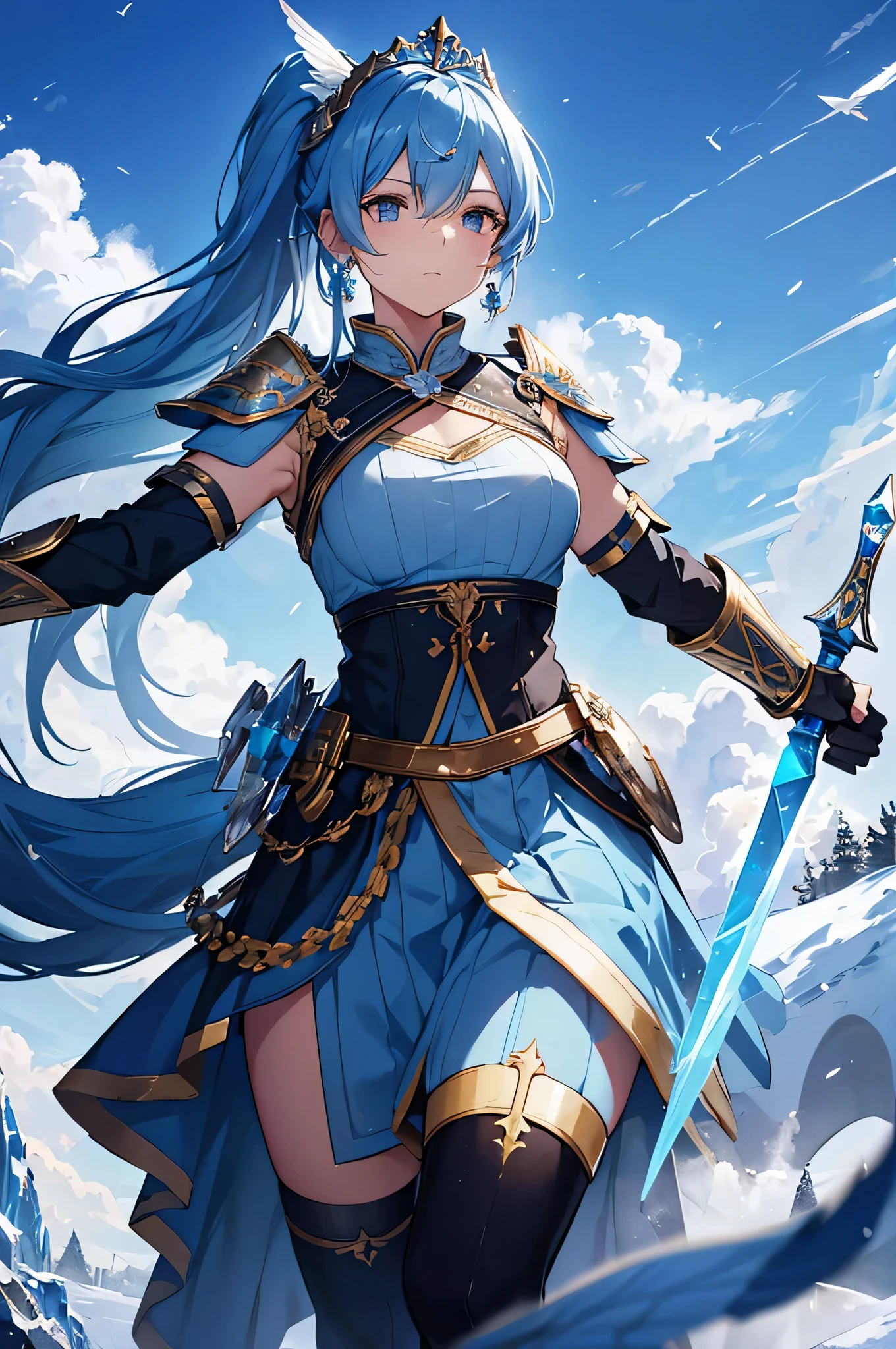 4K,High resolution,one woman,blue hair,long ponytail,Valkyrie,light blue sacred armor,Jewelry Decoration,crystal decoration,winged hat,princess tiara,Crystal Sword,Temple in the Sky,winter sky