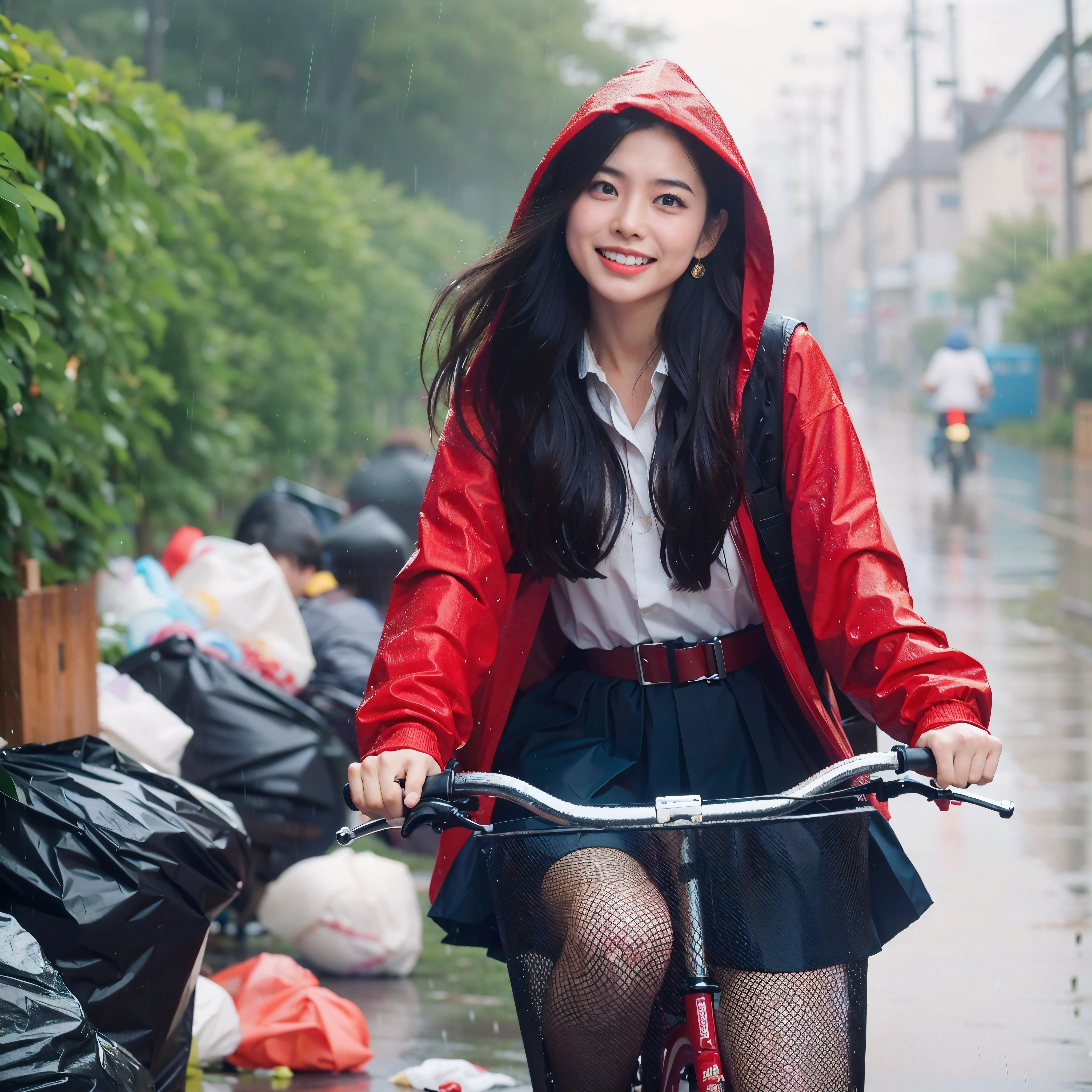 (Thai: Korean: 0.5), girl riding a bike in the rain, girl in raincoat, pretty girl standing in the rain, raining, rainy day, thai school girl, asian girl, on a rainy day, in the rain, fanart, young asian girl, rainy weather, promo still, just after rain, red rain, raining portrait, heavy rainy, trash bags placing around