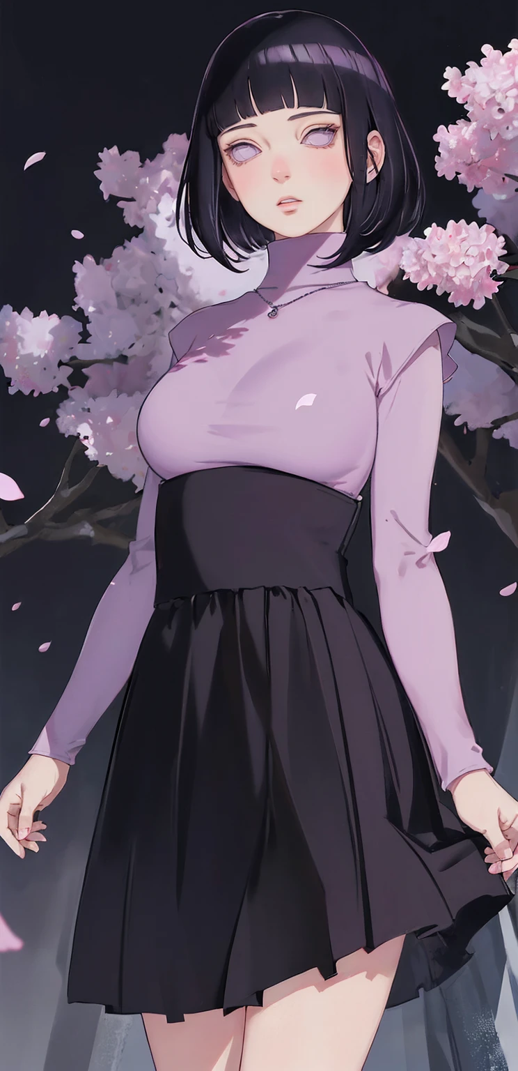 { - anatomy error} (Masterpiece - Ultra-detailed, very high resolution) (huge titusty, masterpiece, absurdres, hinata\(boruto\), 1girl, solo,mature female, lilac turtleneck blouse, high waist black long skirt, looking at viewelling petals), perfect composition, detailed lips, big breast, beautiful face, body propotion, blush, (pink lips), short hair, (black hair), purple eyes, soft gaze, super realistic, detailed, photoshoot, realistic face and body, closed mouth, walking on the floor , lilac eyes, full body, ridden hands, perfect fingers