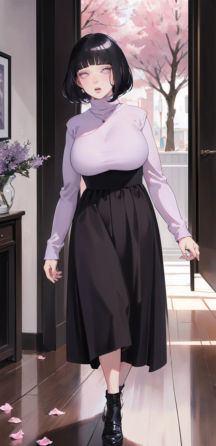 { - anatomy error} (Masterpiece - Ultra-detailed, very high resolution) (huge titusty, masterpiece, absurdres, hinata\(boruto\), 1girl, solo,mature female, lilac turtleneck blouse, high waist black long skirt, looking at viewelling petals), perfect composition, detailed lips, big breast, beautiful face, body propotion, blush, (pink lips), short hair, (black hair), purple eyes, soft gaze, super realistic, detailed, photoshoot, realistic face and body, closed mouth, walking on the floor , lilac eyes, full body,  ridden hands, perfect fingers