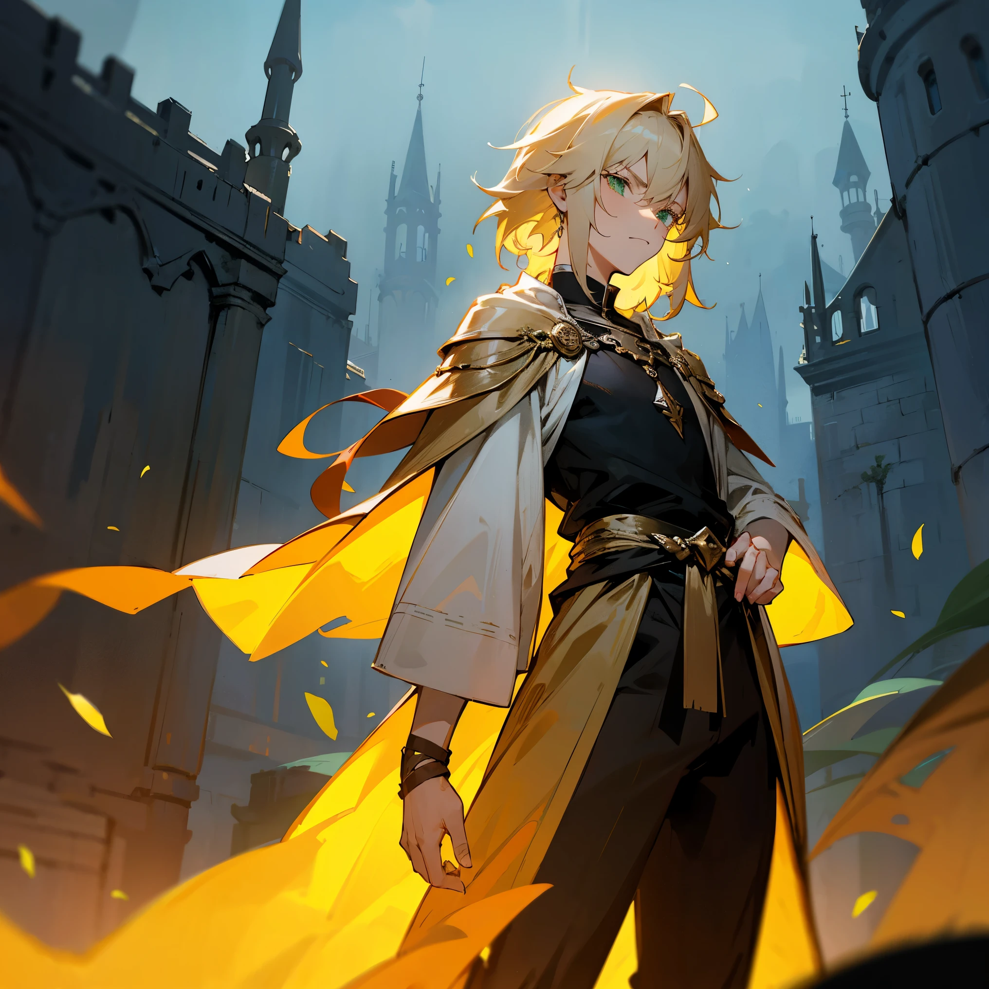 Green Eyes , Pale Blonde Hair , Messy Hair ,Noble Clothing Underneath,Black Shoulder Cape, Kingdom City Background , Medium Length Hair , Shaggy Backnot , Standing on path , 1male , Simple Clothing , Serious Expression , Golden Earring 