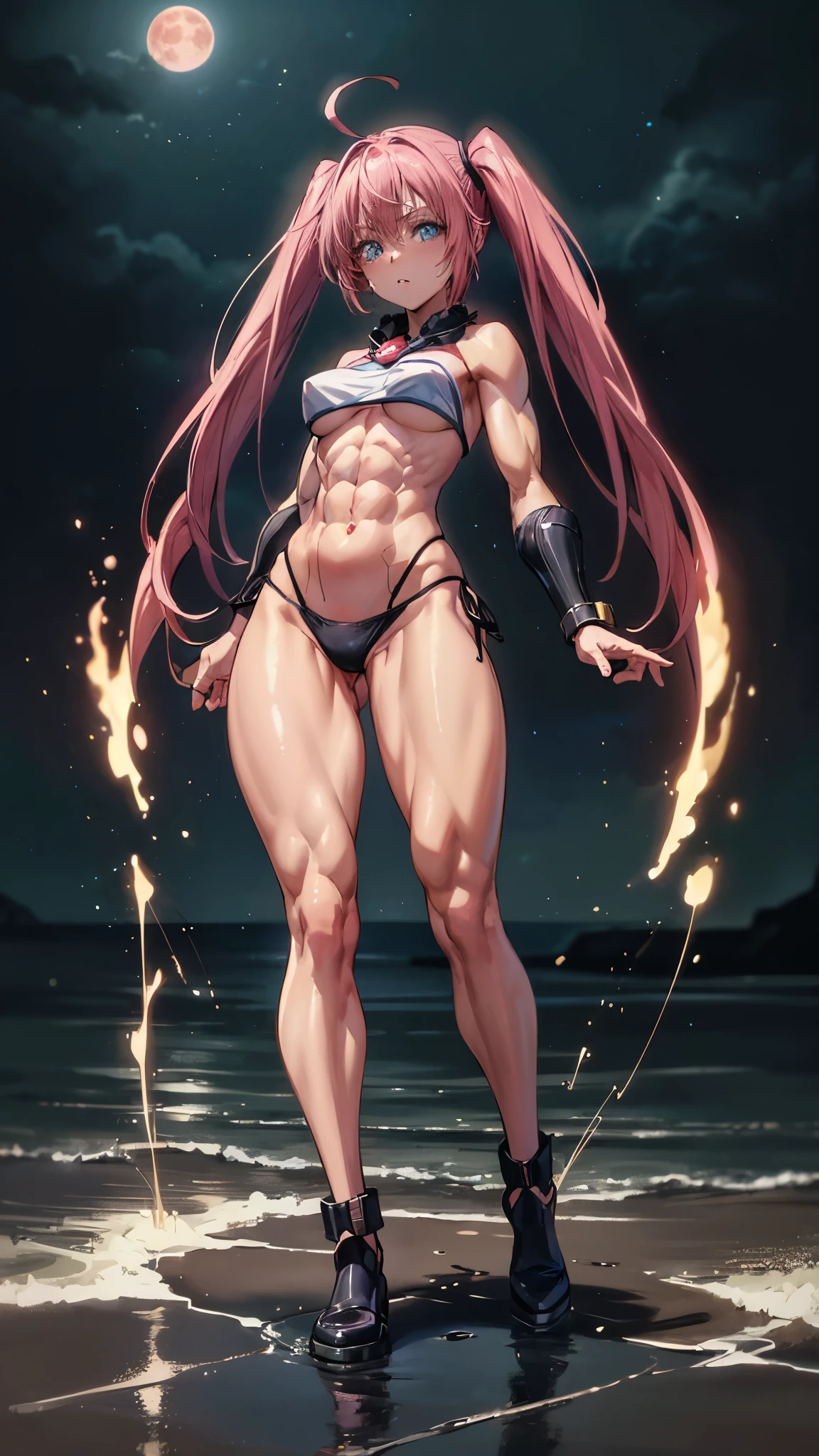 1 girl, (medium breasts))), (((wearing short bikini))), (pink hair), (((blue eyes))), thin arms, (on the beach at night with starry sky and full blood moon ), (slim waist), (((muscular legs))), muscular belly, wearing black high heel shoes, showing me her big ass, (((full body photo))), (twintails), long eyes , eye flare, bad mood, anime, anime style, ray tracing, Reflection, drop shadow, Panorama, Sony FE, 8k, UDisk, artwork, accurate, anatomically correct, super detail, best quality, ultra-high resolution, hard disk, 16k