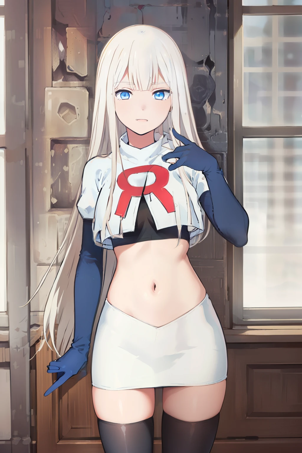 (exceptional, best aesthetic, new, newest, best quality, masterpiece, extremely detailed), Elena, 1girl, blue eyes, solo, long hair, looking at viewer, white hair, bangs, team rocket,team rocket uniform,white skirt,red letter R,crop top,black thigh-highs,black elbow gloves