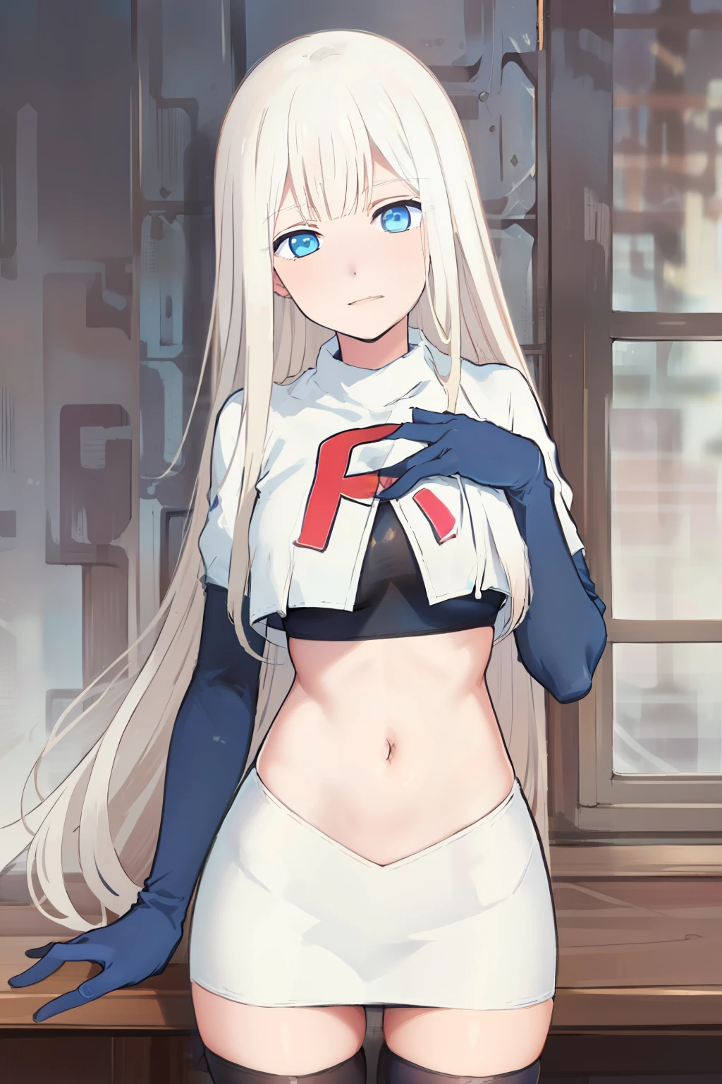 (exceptional, best aesthetic, new, newest, best quality, masterpiece, extremely detailed), Elena, 1girl, blue eyes, solo, long hair, looking at viewer, white hair, bangs, team rocket,team rocket uniform,white skirt,red letter R,crop top,black thigh-highs,black elbow gloves