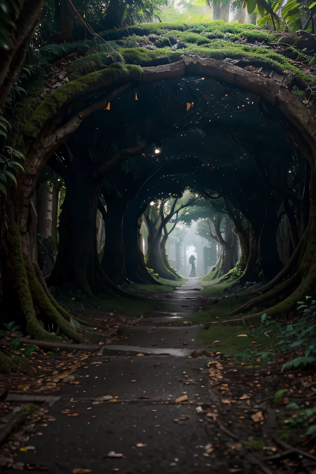 (melhor qualidade), (rico em detalhes) tree roots shaped like a portal, algo obscuro mas que haja uma luz em seu centro, alguma estrala espacial, science fiction