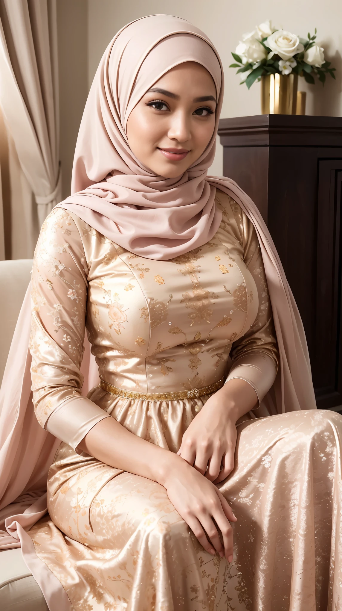 (Close Up),RAW, Best quality, high resolution, masterpiece: 1.3), beautiful Malay woman in hijab,Masterpiece, perfect fit body, ((Huge breast)), big gorgeous eyes, Soft smile,beautiful face,thick thighs, woman in a beige dress sitting in a living room, wearing beige floral gown, idian dress, modest flowing gown, full covered dress, long dress female, beige dress, pastel pink, full dress, dressed in a pink dress, frock, elegant dress, royal gown, wearing long gown, gown, ao dai, hijabi, she is smiling,Delicate turtleneck, shairband, afternoon walk, City garden, Excellent lighting, Bright colors, Clean lines