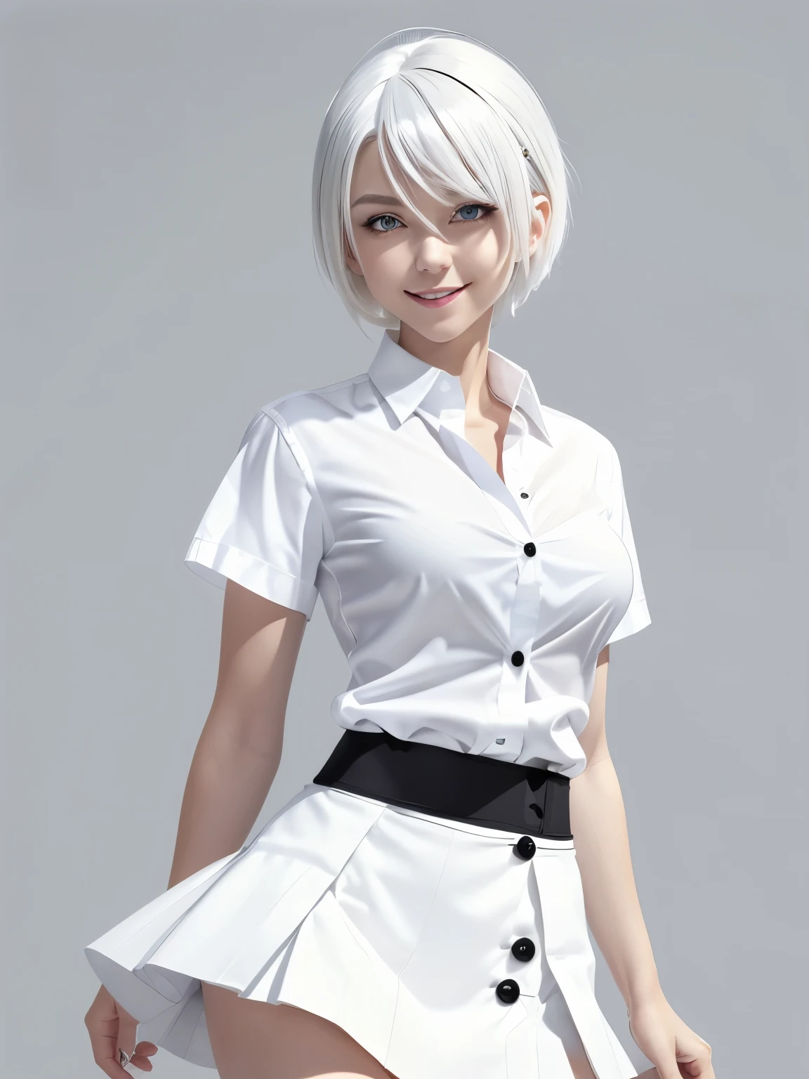 ((masterpiece, best quality)), (1girl), (solo), (female focus), (ahoge, white hair, short hair), black eyes, light smile, open mouth, ((white shirt), (buttoned shirt), (button gap)), ((black skirt), (short skirt)), standing, white background, arms behind back, dynamic angle