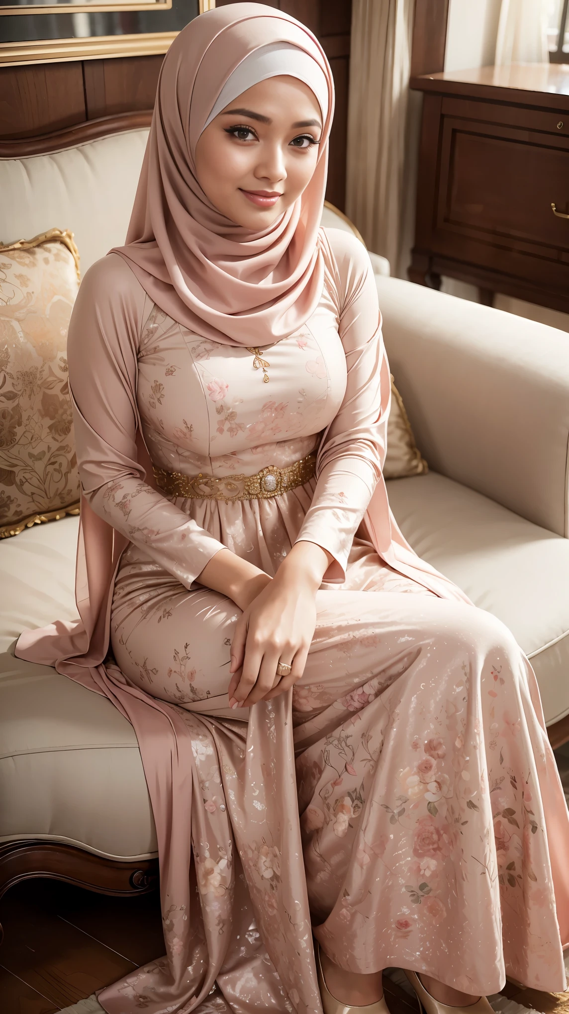 (Close Up),RAW, Best quality, high resolution, masterpiece: 1.3), beautiful Malay woman in hijab,Masterpiece, perfect fit body, ((Huge breast)), big gorgeous eyes, Soft smile,beautiful face,thick thighs, woman in a beige dress sitting in a living room, wearing beige floral gown, idian dress, modest flowing gown, full covered dress, long dress female, beige dress, pastel pink, full dress, dressed in a pink dress, frock, elegant dress, royal gown, wearing long gown, gown, ao dai, hijabi, she is smiling,Delicate turtleneck, shairband, afternoon walk, City garden, Excellent lighting, Bright colors, Clean lines