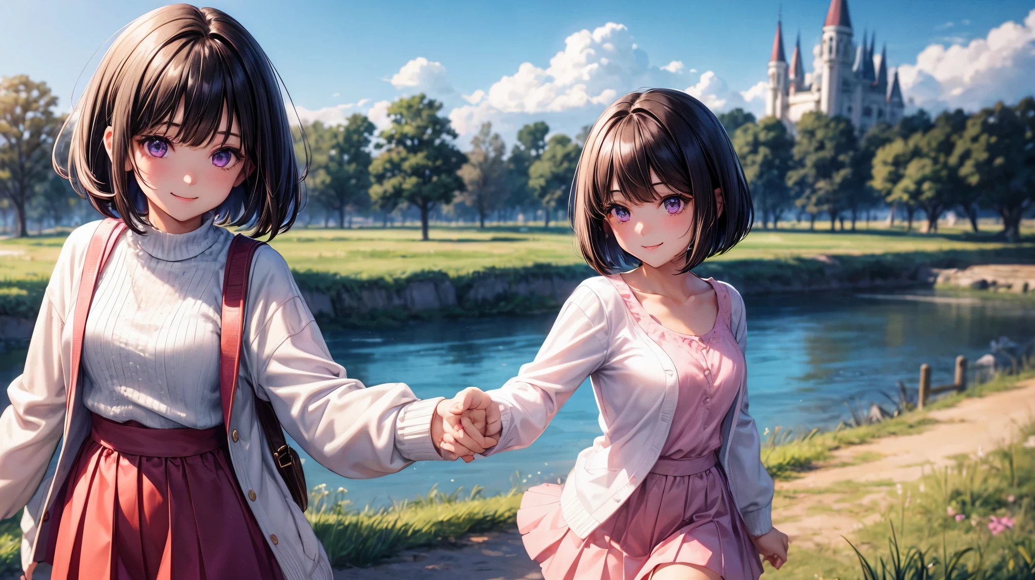 very cute girl、dark brown hair、bob cut、short hair、Violet eyes、smile、Crystal clear white skin、white blouse、pink cardigan、Red skirt、Black knee-high、whole body、grassland。