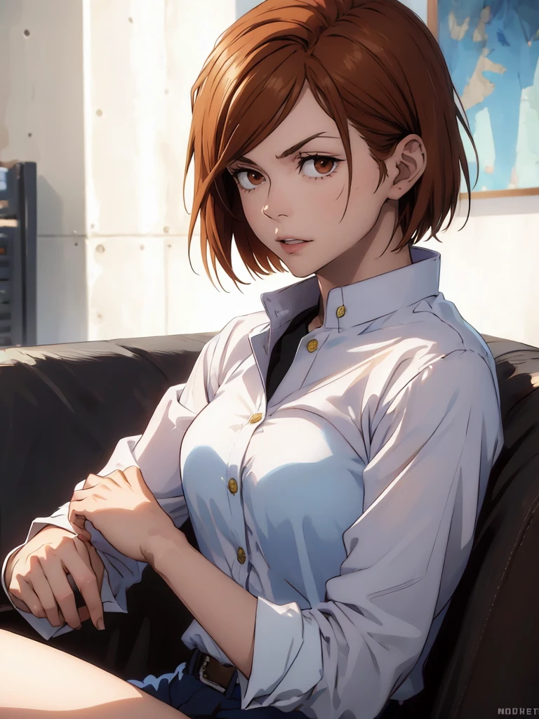 (masterpiece:1.4),(best quality:1.4) 1girl,nobara_jjk,brown hair,short hair, brown eyes,fully , sitting, full body