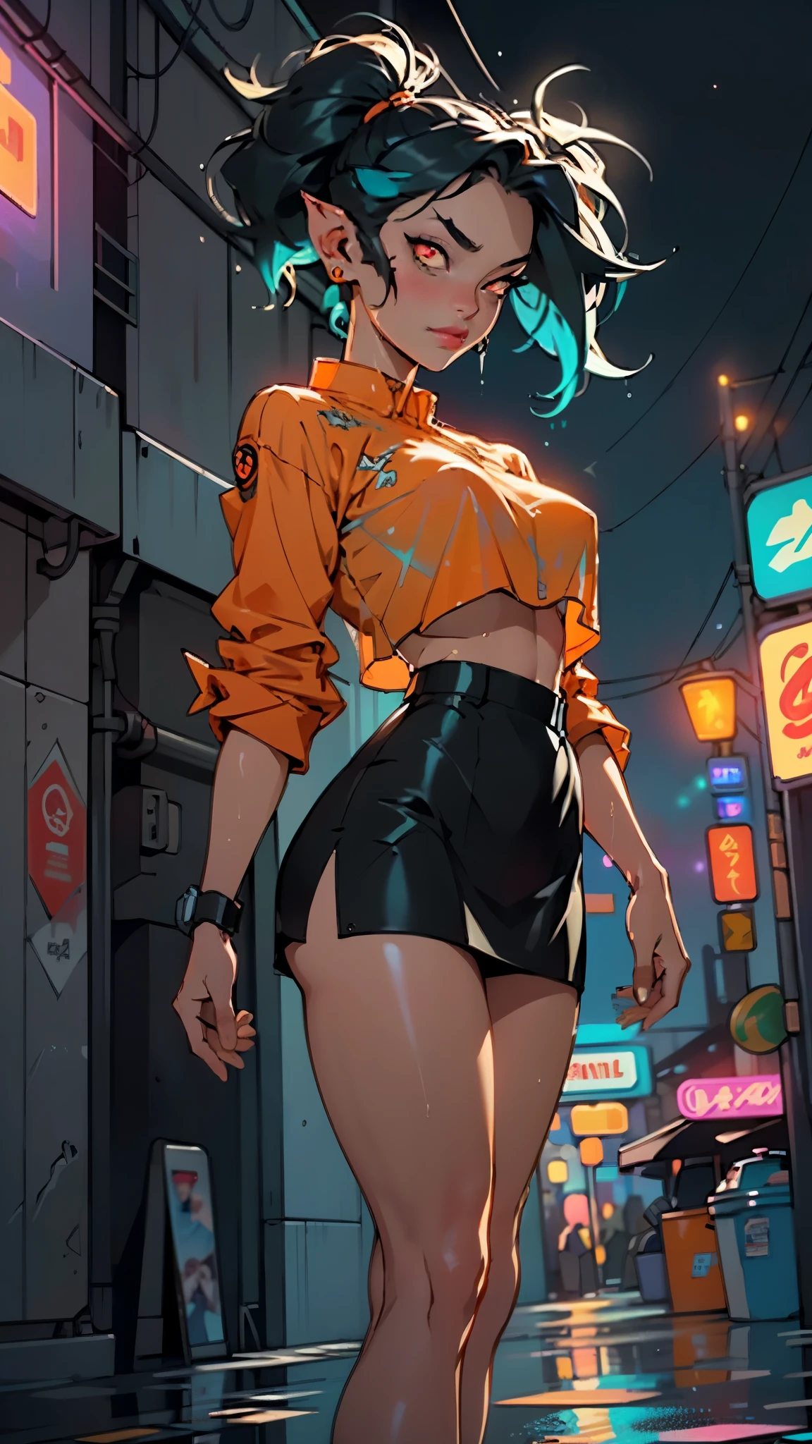physical trainer girl,(((1girl))),
(large breasts:1.4),saggy breasts,(((ear fins:1.5))),(glowing eyes),(((orange_eyes:1.2))),(((black sclera:1.5))),symmetrical eyes,((fat)),(((lustrous skin:1.5,bright skin: 1.5,skin tanned,shiny skin,very shiny skin,shiny body,plastic glitter skin,exaggerated shiny skin,illuminated skin, wet legs))),(spider lower abdomen,narrow waist,wide hip,athletic body,inflated legs, thick thighs,detailed body,(detailed face)),((twin tail hairstyle, black hair,turquoise highlights hair)),
cute,slutty,seductive,erotic,((nsfw)),
((physical trainer suit)), orange headwear, ((orange skirt, black shirt, white panties)), ((Skirt Lift Front, (skirtliftfront))),((wet clothes,intricate outfit,intricate clothes)),
(dynamic pose:1.0),embarrassed,(centered,scale to fit dimensions,Rule of thirds),
cyberpunk city by the ocean at night, with bright neon signs and dark stormy clouds and puddles, scenery:1.25,nighttime, starry night, cosmos,Very dark night that makes the neon lights stand out, very bright neon lights,
artistic photography,(photography taken by sldr),highres, sharp focus,(ultra detailed, extremely detailed), (photorealistic artwork:1.37),(extremely detailed CG unity 8k wallpaper),((synthwave background theme)),(((vibrant colors))),intricate,(intricate background),(masterpiece),(best quality),perfect rendered face,perfect face details,realistic face,photo realistic,analog style,((intricate detail)),(((realism))),