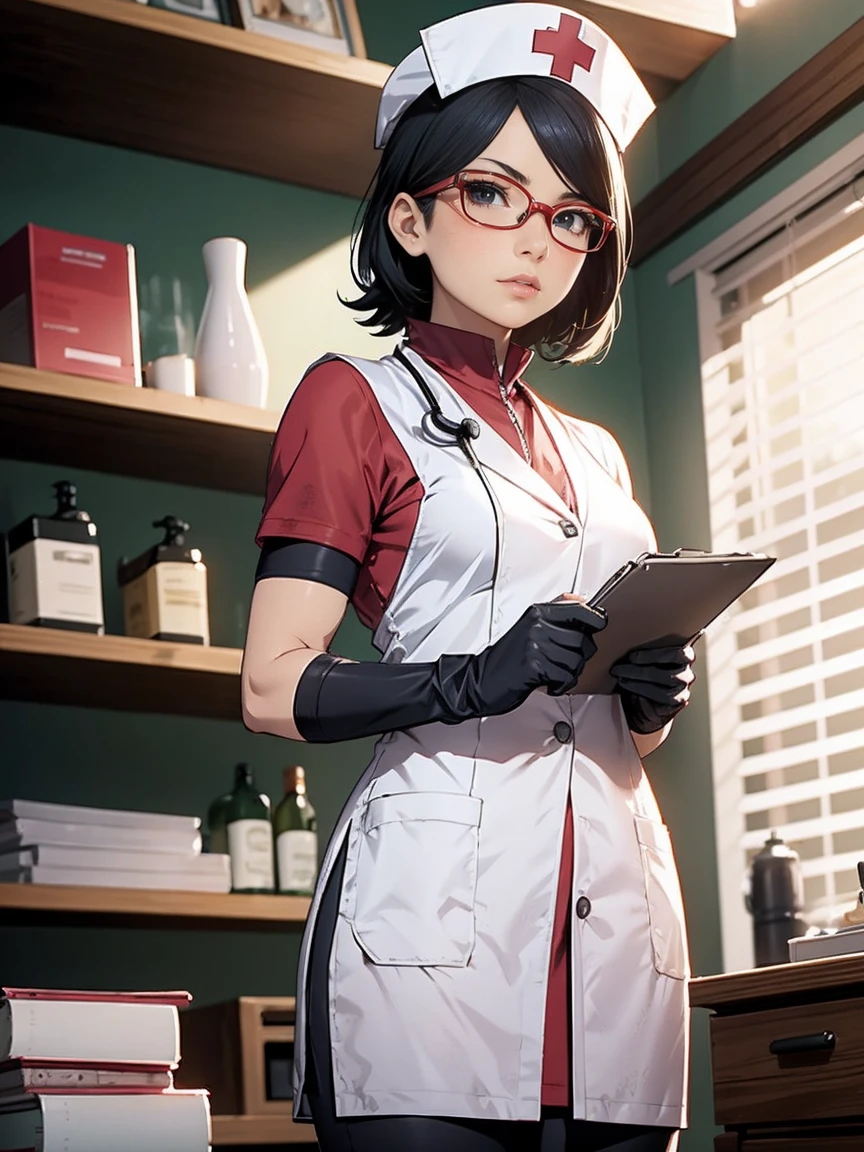 Mortal Kombat 11: Aftermath. Illustration in the style of comic book artist Jim Lee. Sarada Uchiha with short hair, black eyes and glasses. ((small, She is wearing white nurse clothes and a nurse hat, She is wearing gloves)). (She is in a doctor's office with shelves of medicines behind her, there is a table in the room). She has a stethoscope and a clipboard for notes. pink lipstick. Intricate details, rich colors and a sense of grandeur. Perspective. delicate lips