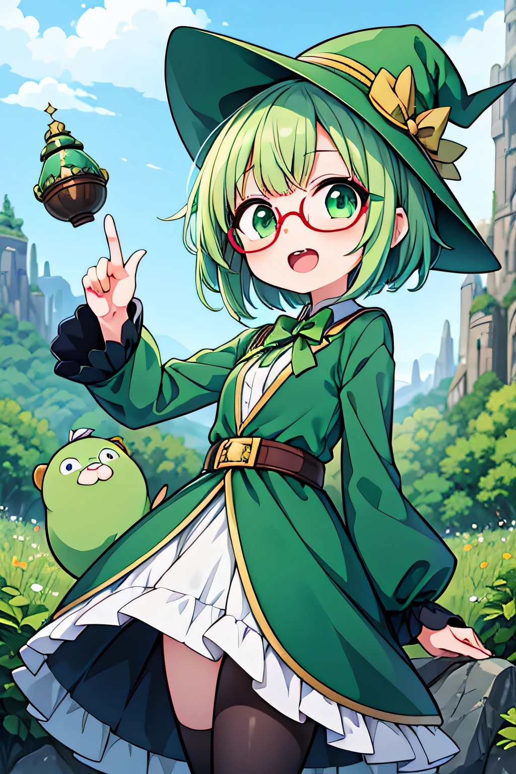 animado, Chica con pelo corto verde, grandes dientes de castor, anteojos, ropa de bruja verde, sombrero puntiagudo, magia, epic, animado, moe, Dibujos animados, feliz, magia land in the background, Apuntando hacia arriba