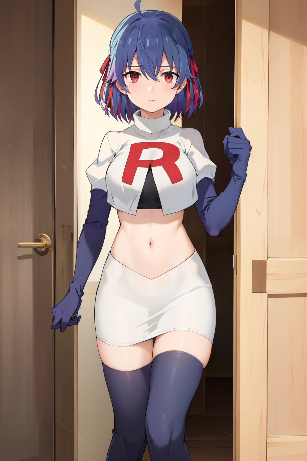 (exceptional, best aesthetic, new, newest, best quality, masterpiece, extremely detailed),Ruti, 1girl, solo, ribbon, hair ribbon, short hair, red eyes, blue hair, ahoge, multicolored hair, gradient hair, jewelry, bangs, expressionless, looking at viewer, hair between eyes, team rocket,team rocket uniform,white skirt,red letter R,crop top,black thigh-highs,black elbow gloves