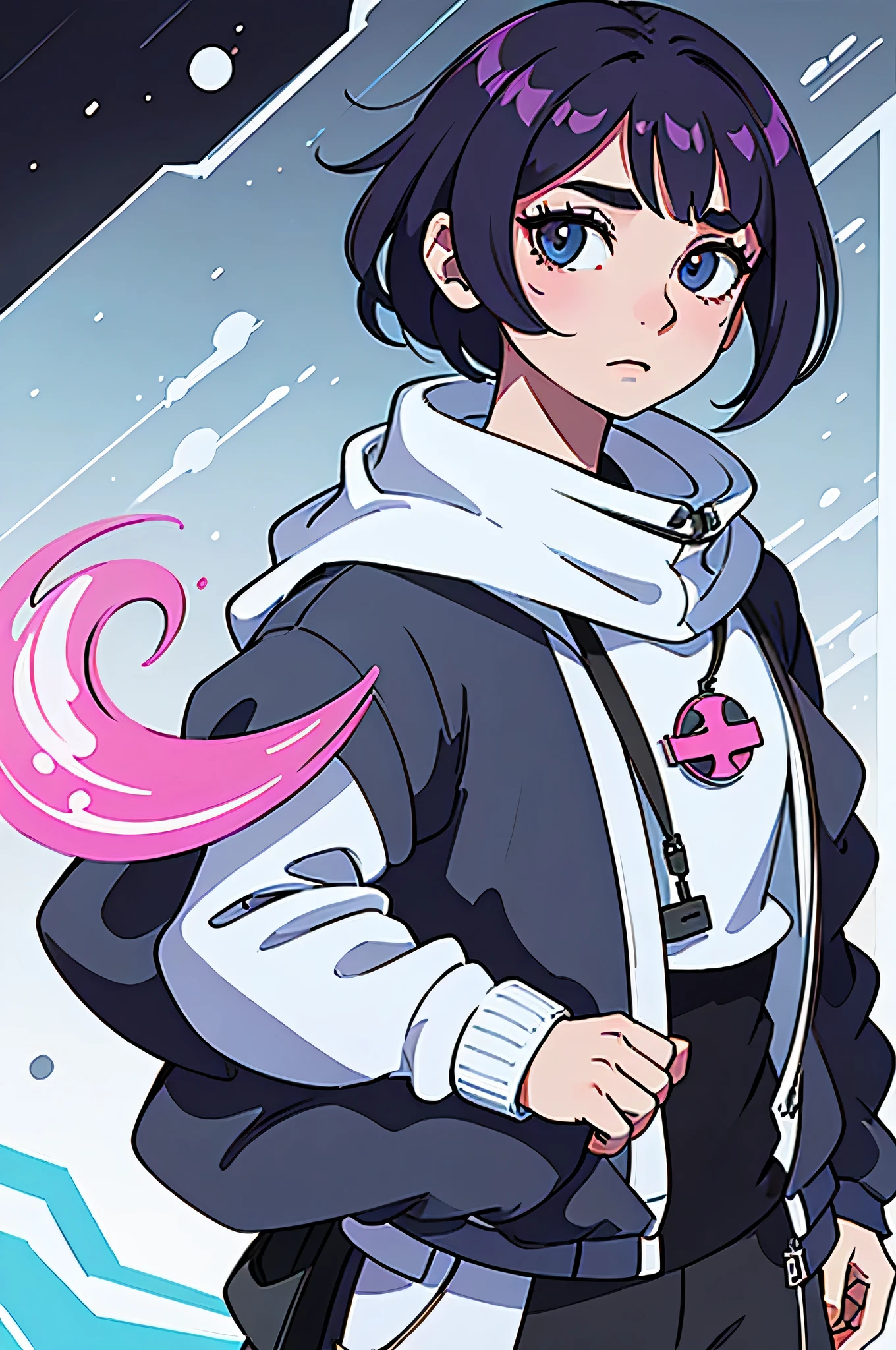 Desenhe um cativante personagem de anime 2D com um rosto afeminado, apresentando uma pele clara e olhos castanhos escuros expressivos. Seu cabelo, in fuchsia blue tones with white pigments, is stylized exclusively, giving it a distinctive look.

Vestindo um conjunto de roupa no estilo techwear, the character is predominantly dressed in black, com detalhes em laranja que acentuam seu visual moderno e futurista. His attire reflects technological and futuristic elements, providing a unique vibe.

A small robot floats gracefully above the character&#39;ombro. This robot is distinguished by a capacitor symbol mark, strategically positioned close to the character&#39;cara, adding a touch of advanced technology to the composition.

Adicionalmente, a pendant with the game symbol is cleverly attached to the character&#39;s cabelo, proporcionando um elemento divertido e peculiar ao seu visual. Certifique-se de que o personagem&#39;the head is completely contained in the drawing, highlighting your unique features in an attractive and memorable way.