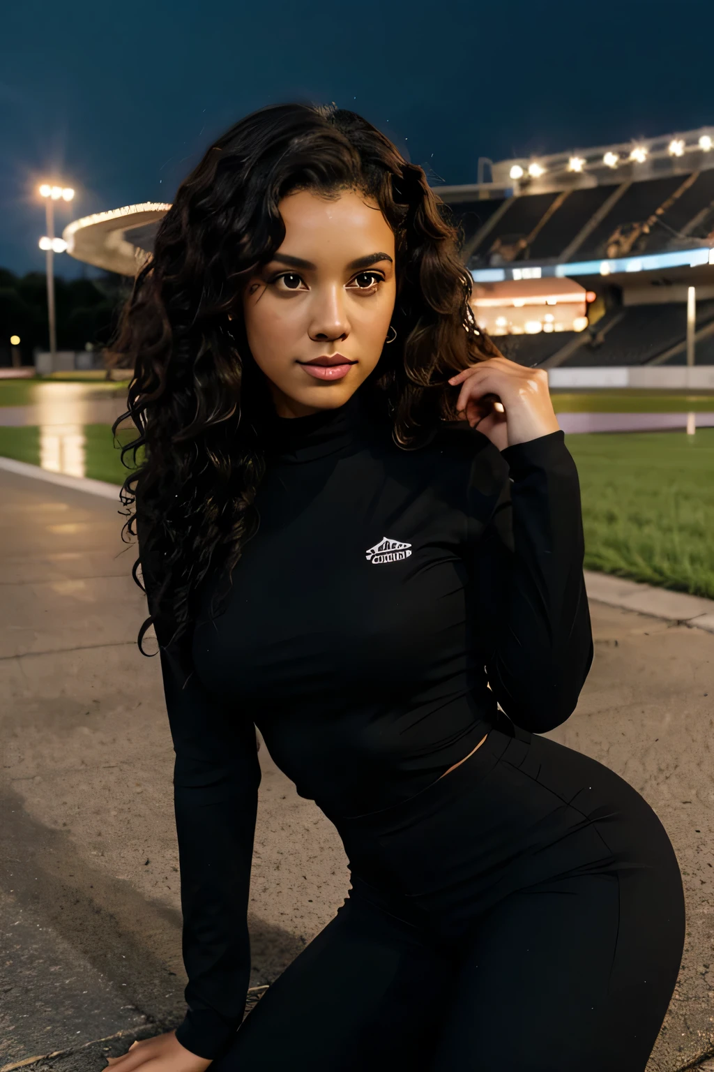 A beautiful and amazing black Brazilian woman,portrait of full body,Free curls, Black curly hair, (dark shorter curly hair), car race stadium background, yoga pants, sexy yoga pants, Wild black long curly hair, multiversal hair, Brazilian, Short black curly hair, Curly black hair, Curls, wavy hair spread out, Baroque curls, curlies, curly, Fair curly hair, Hair texture, curly bang
