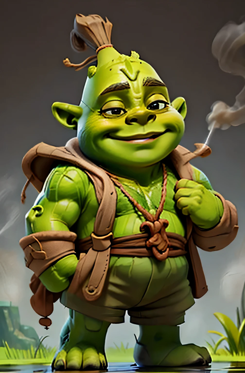 awesome strong shrek standing hold of his swamp, happy expression, smiling, steam coming out of ears