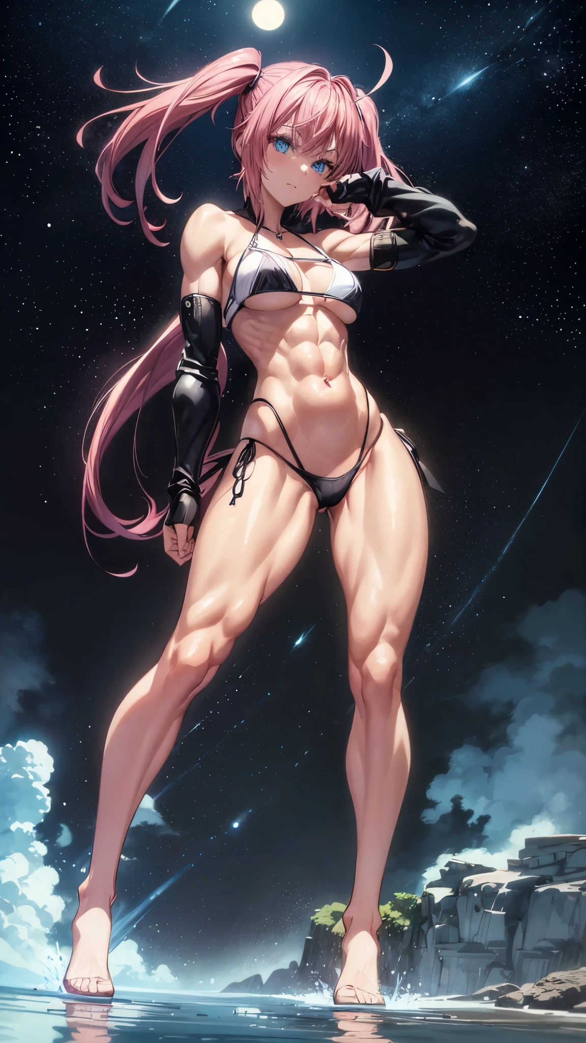 1 girl, (medium breasts))), (((wearing short bikini))), (pink hair), (((blue eyes))), thin arms, (on the beach at night with starry sky and full blood moon ), (slim waist), (((muscular legs))), muscular belly, wearing black high heel shoes, showing me her big ass, (((full body photo))), (twintails), long eyes , eye flare, bad mood, anime, anime style, ray tracing, Reflection, drop shadow, Panorama, Sony FE, 8k, UDisk, artwork, accurate, anatomically correct, super detail, best quality, ultra-high resolution, hard disk, 16k