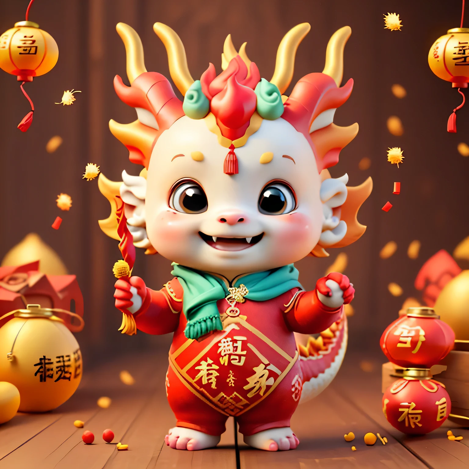 Chinese dragon，The background is casual，Delicate picture quality，HD，The expression smiled，wooden dragon baby，holding firecrackers