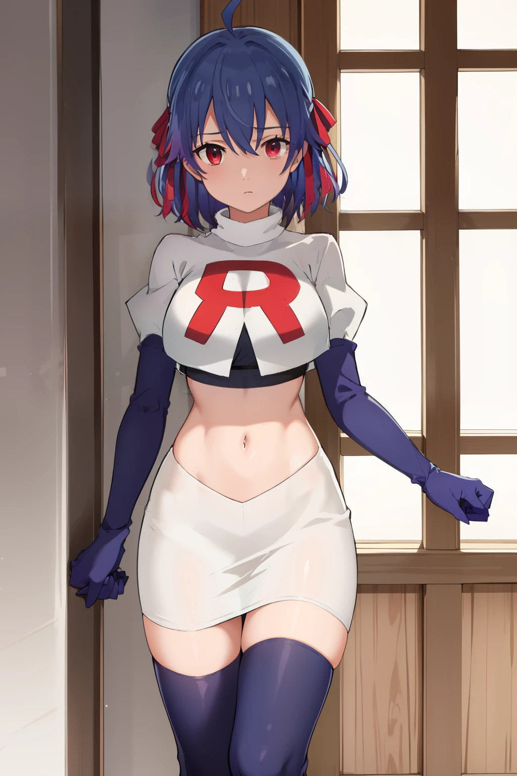 (exceptional, best aesthetic, new, newest, best quality, masterpiece, extremely detailed),Ruti, 1girl, solo, ribbon, hair ribbon, short hair, red eyes, blue hair, ahoge, multicolored hair, gradient hair, jewelry, bangs, expressionless, looking at viewer, hair between eyes, team rocket,team rocket uniform,white skirt,red letter R,crop top,black thigh-highs,black elbow gloves