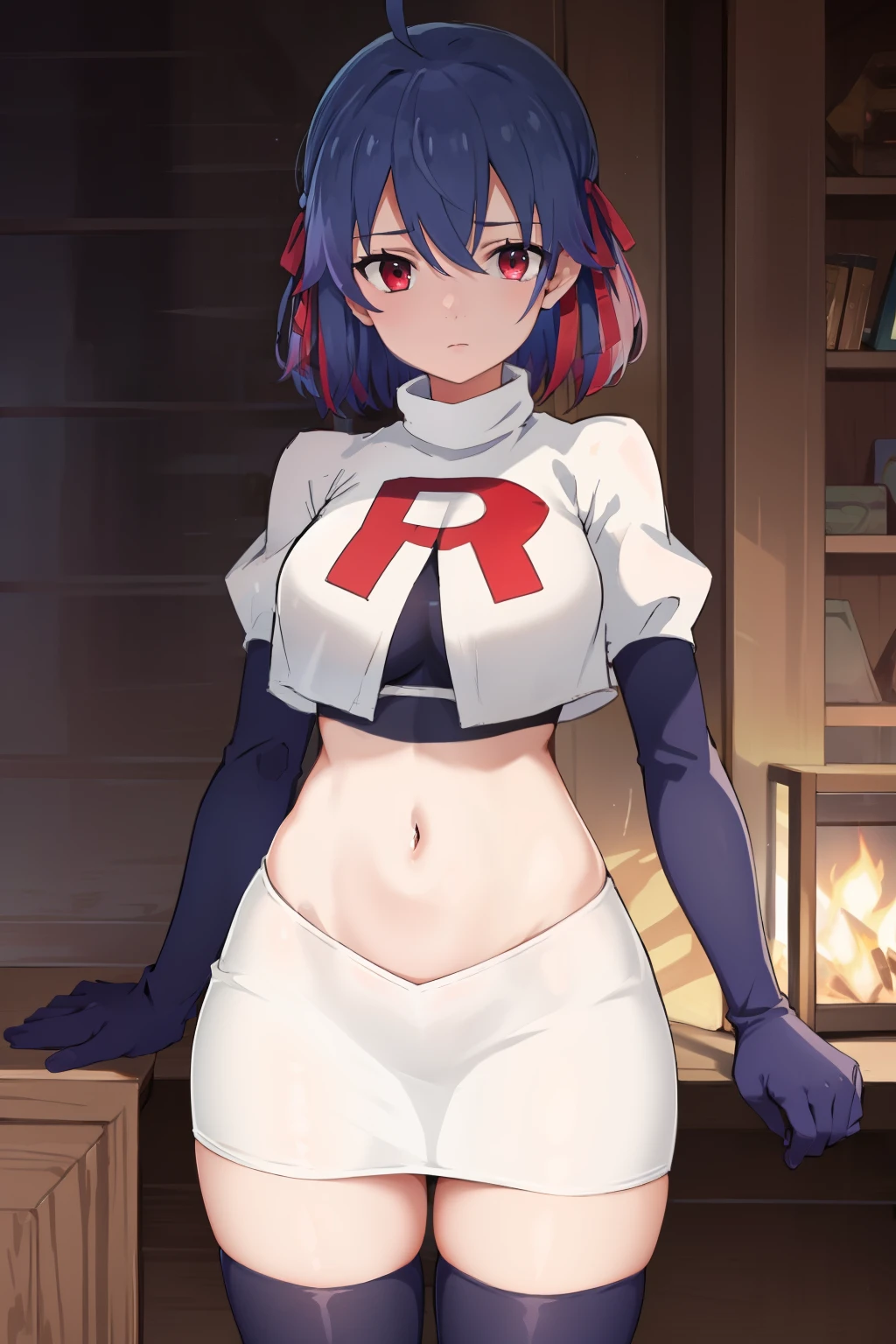 (exceptional, best aesthetic, new, newest, best quality, masterpiece, extremely detailed),Ruti, 1girl, solo, ribbon, hair ribbon, short hair, red eyes, blue hair, ahoge, multicolored hair, gradient hair, jewelry, bangs, expressionless, looking at viewer, hair between eyes, team rocket,team rocket uniform,white skirt,red letter R,crop top,black thigh-highs,black elbow gloves