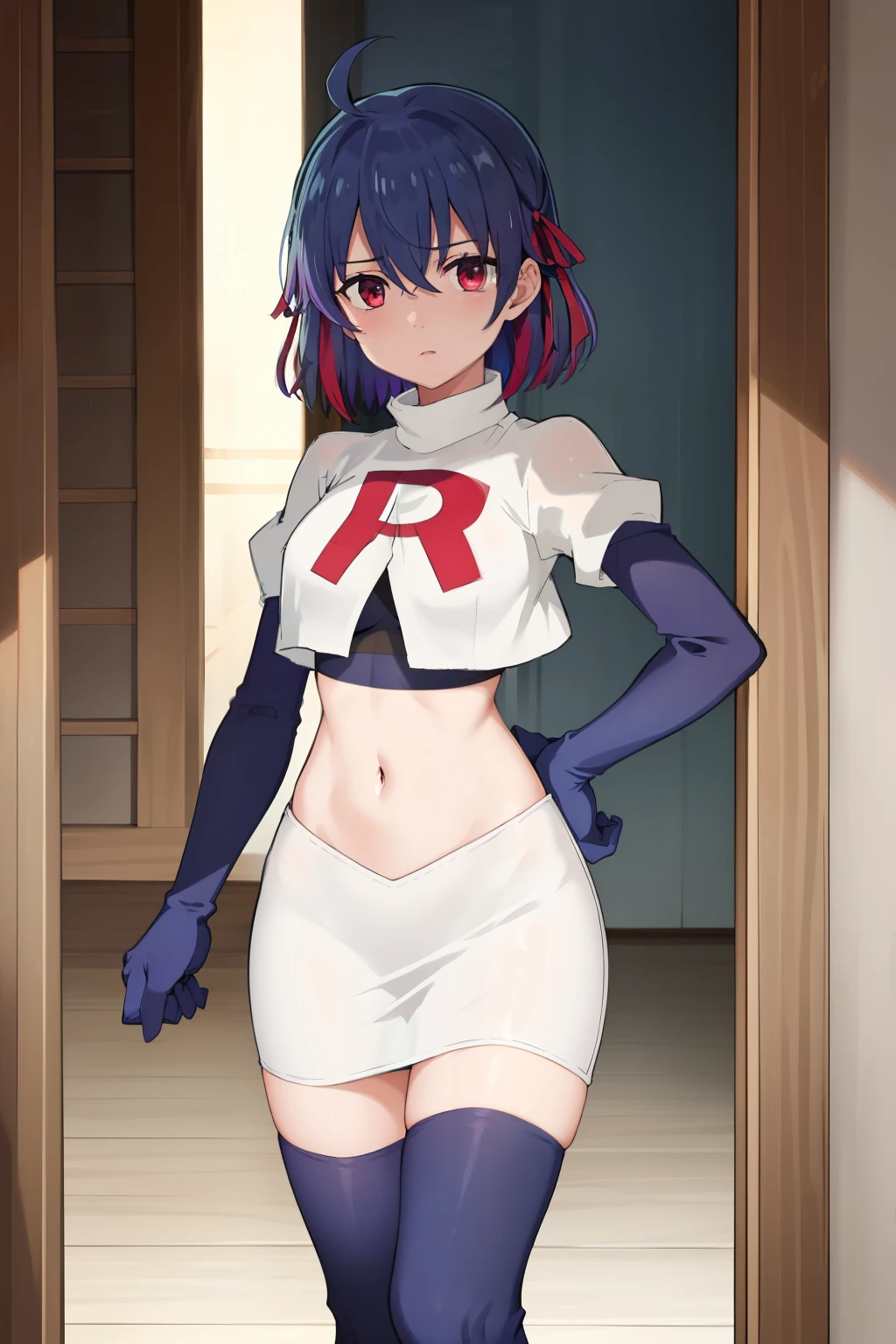 (exceptional, best aesthetic, new, newest, best quality, masterpiece, extremely detailed),Ruti, 1girl, solo, ribbon, hair ribbon, short hair, red eyes, blue hair, ahoge, multicolored hair, gradient hair, jewelry, bangs, expressionless, looking at viewer, hair between eyes, team rocket,team rocket uniform,white skirt,red letter R,crop top,black thigh-highs,black elbow gloves